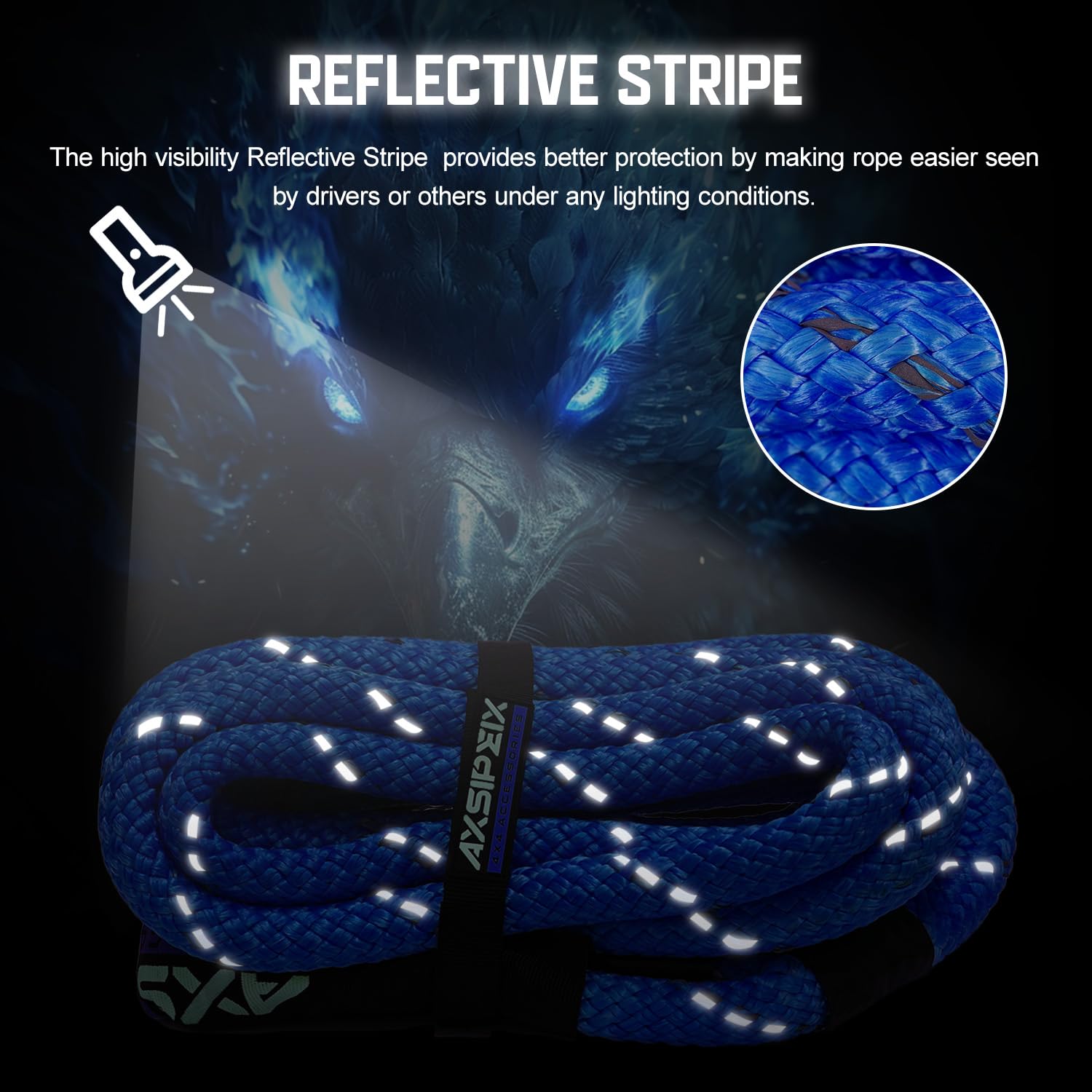AXSIPEIX Kinetic Recovery Rope - 1" x 20ft, 48,500lbs, Heavy Duty Nylon, Blue, Model AX-TCS-SH-GREEN-20-01
