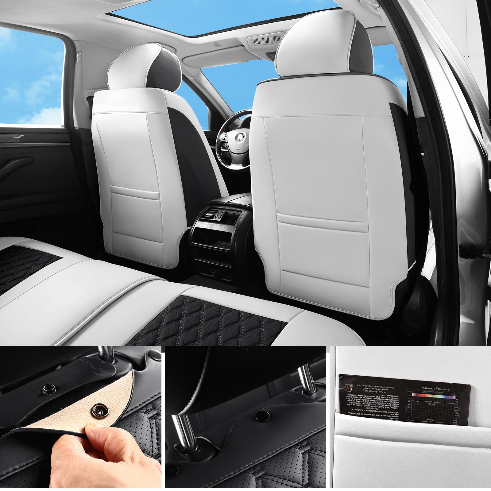 Sxikin Luxury Leather Car Seat Covers Full Set, Waterproof Non-Slip, Universal Fit for Cars SUVs Trucks, Black and White