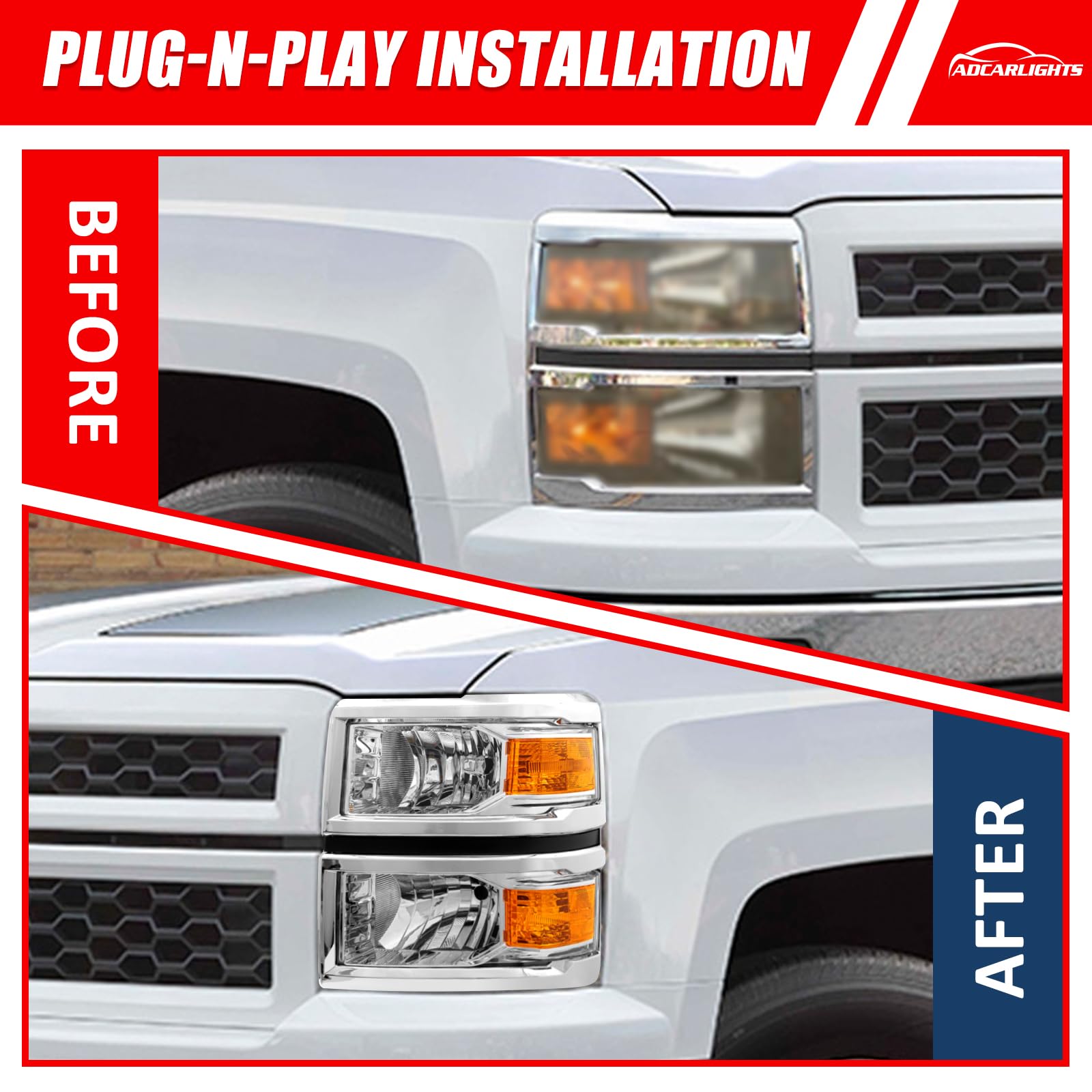 Adcarlights For 2014 2015 Chevy Silverado 1500 Headlight Assembly Chrome Housing With Amber Reflector Left And Right Pair