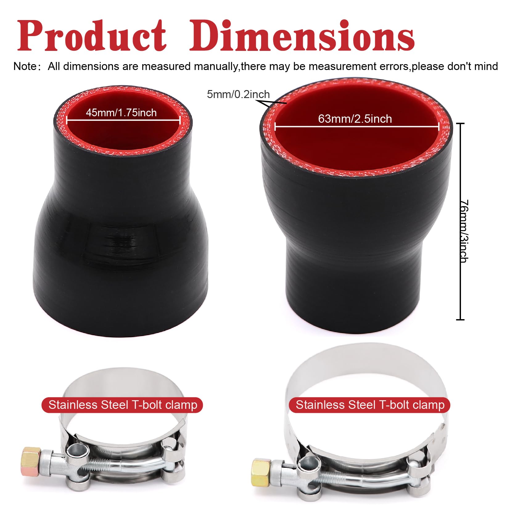Taukealugs Straight Reducer Coupler Silicone Hose ID 1-3/4inch to 2-1/2inch 4-Ply with Stainless Steel T-Bolt Clamp for Automoti