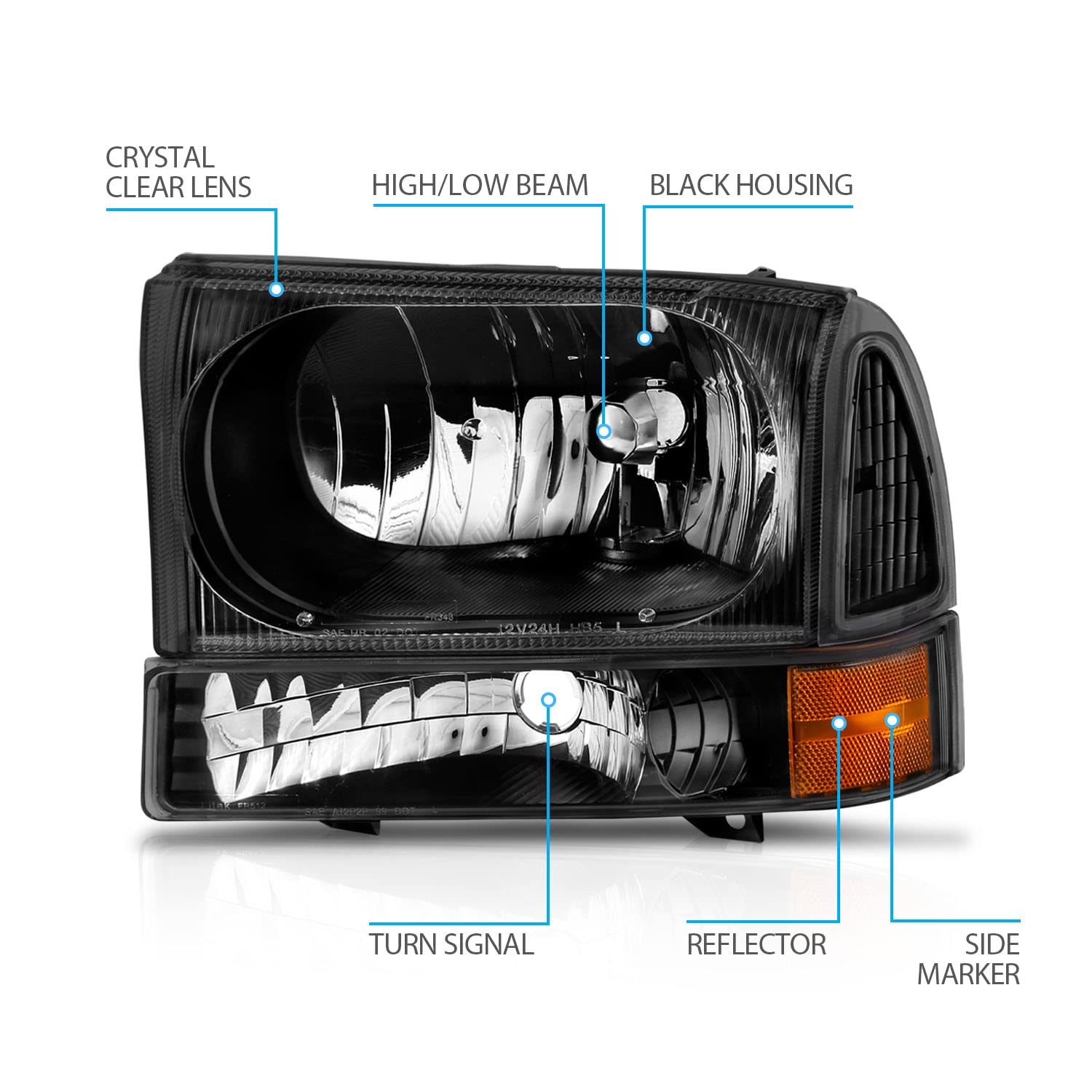 AmeriLite Black Factory Style Replacement Headlights for 1999-2004 Ford Super Duty F250 F350 F450 F550 & Excursion - Driver & Passenger Side