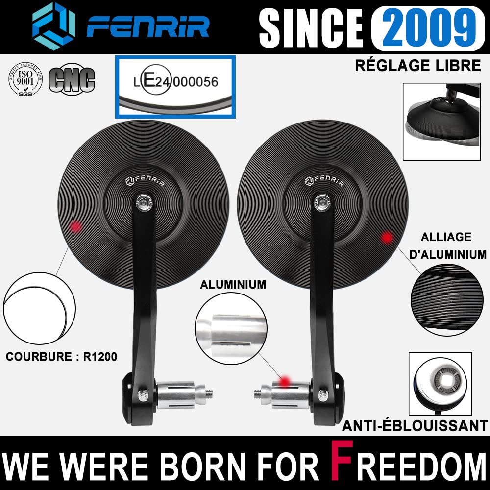 FENRIR Motorcycle Bar End Mirror, Aluminum, Black, Model 801-0378, Fits SV650, Rebel1100, CB1000R, Z900RS, and more