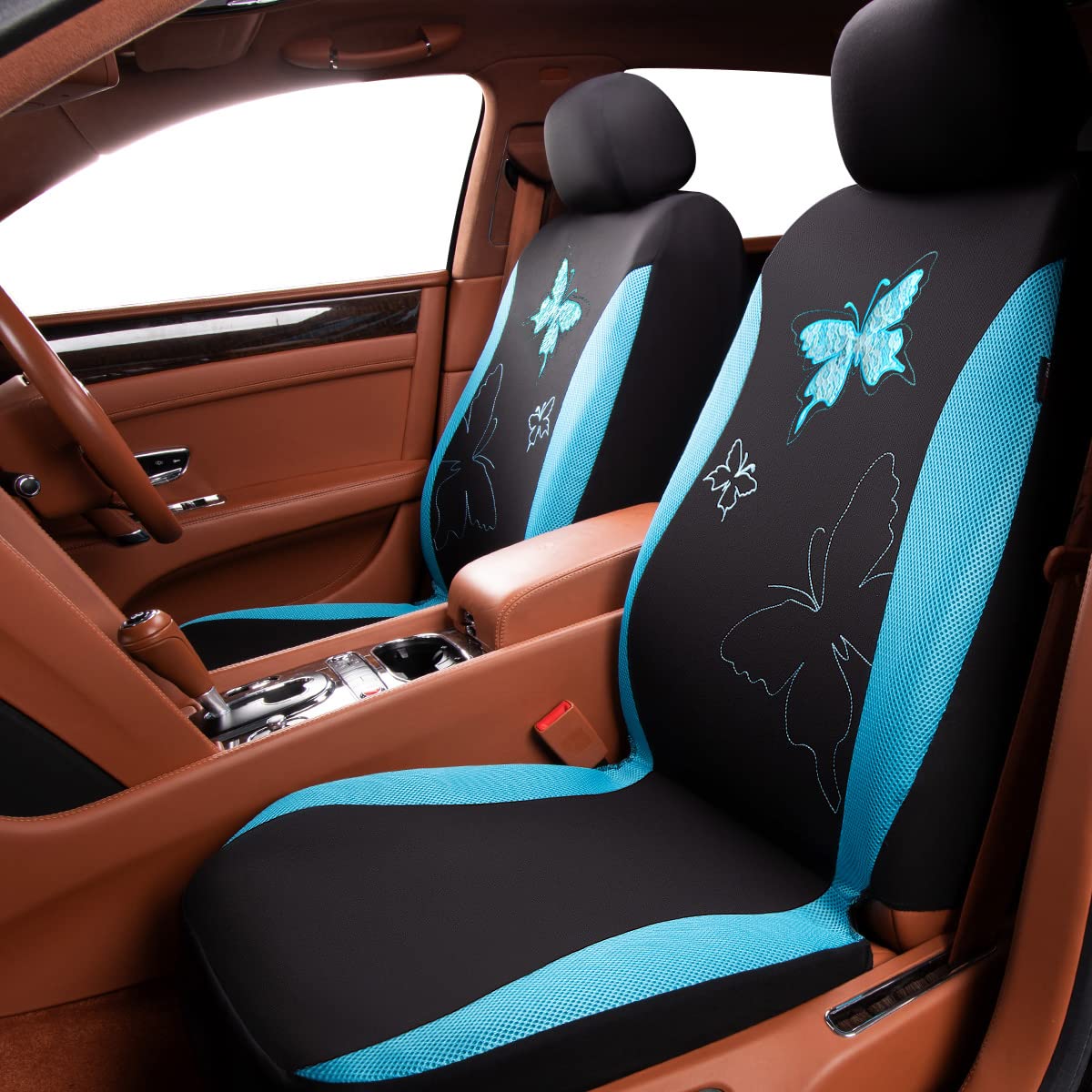 Flying Banner Butterfly Car Seat Covers Ful Set Fashion Universal Lady Woman Female Rear Bench Split Colorized (Mint Blue, 2 Fronts - Lace)