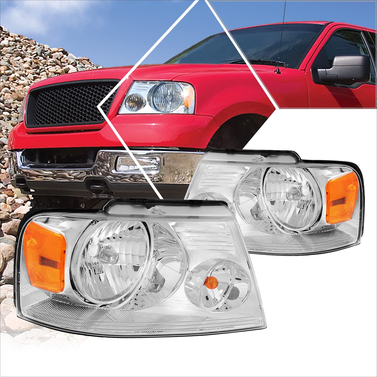 2Pcs Replacement Headlights Assembly Compatible With Ford F150 04-08/Lincoln Mark Lt 06-08,Chrome Housing/Amber Corner