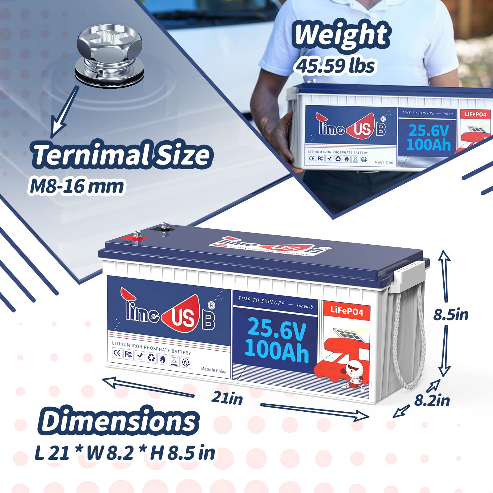 Timeusb 24V 100Ah Lifepo4 Battery, Built-In 100A Bms, 2.56Kwh Lithium Battery, 10-Year Lifetime With Grade A Lifepo4 Cells, Perfect For Rv, Camper, Home Energy Storage, Van, Off-Grid, Etc