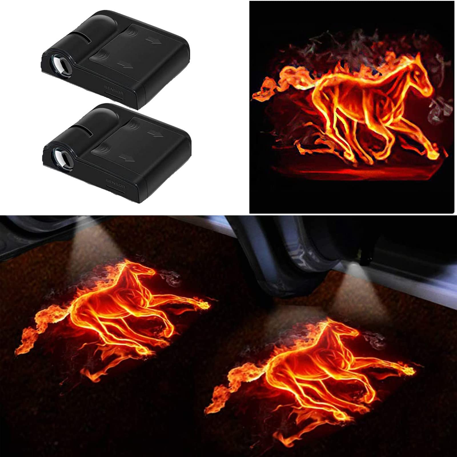 FLYEEGO Car Door Lights Logo Projector, 2PCS Ghost Shadow Lamp, Carbon Fiber, Fire Horse, Model CDL-HS, Fits All Car Models