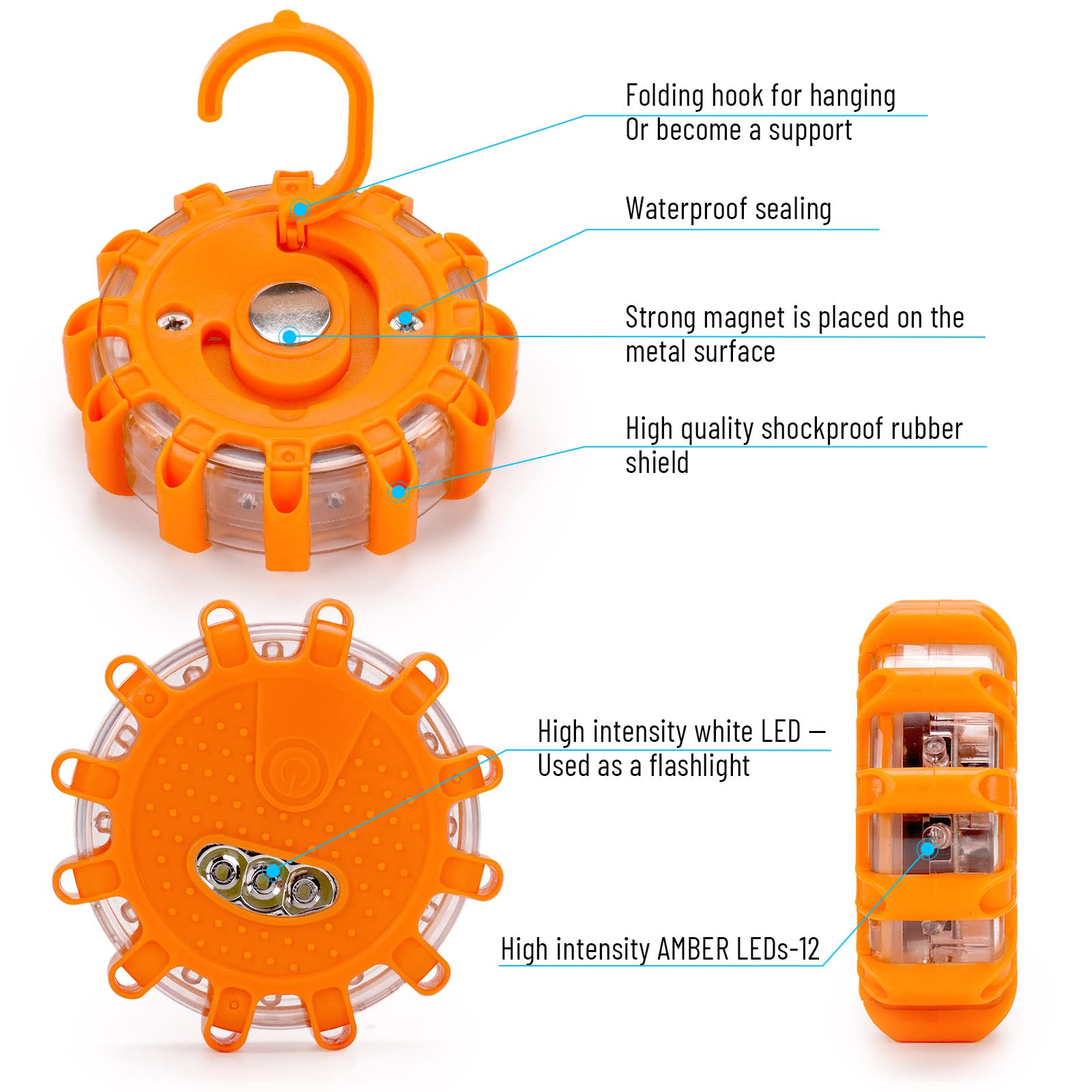 Heigpan Gp906 Led Road Flares Safety Flashing Warning Lights Kit, Magnetic Base & Hook 9 Flash Modes, For Emergency Roadside Saf