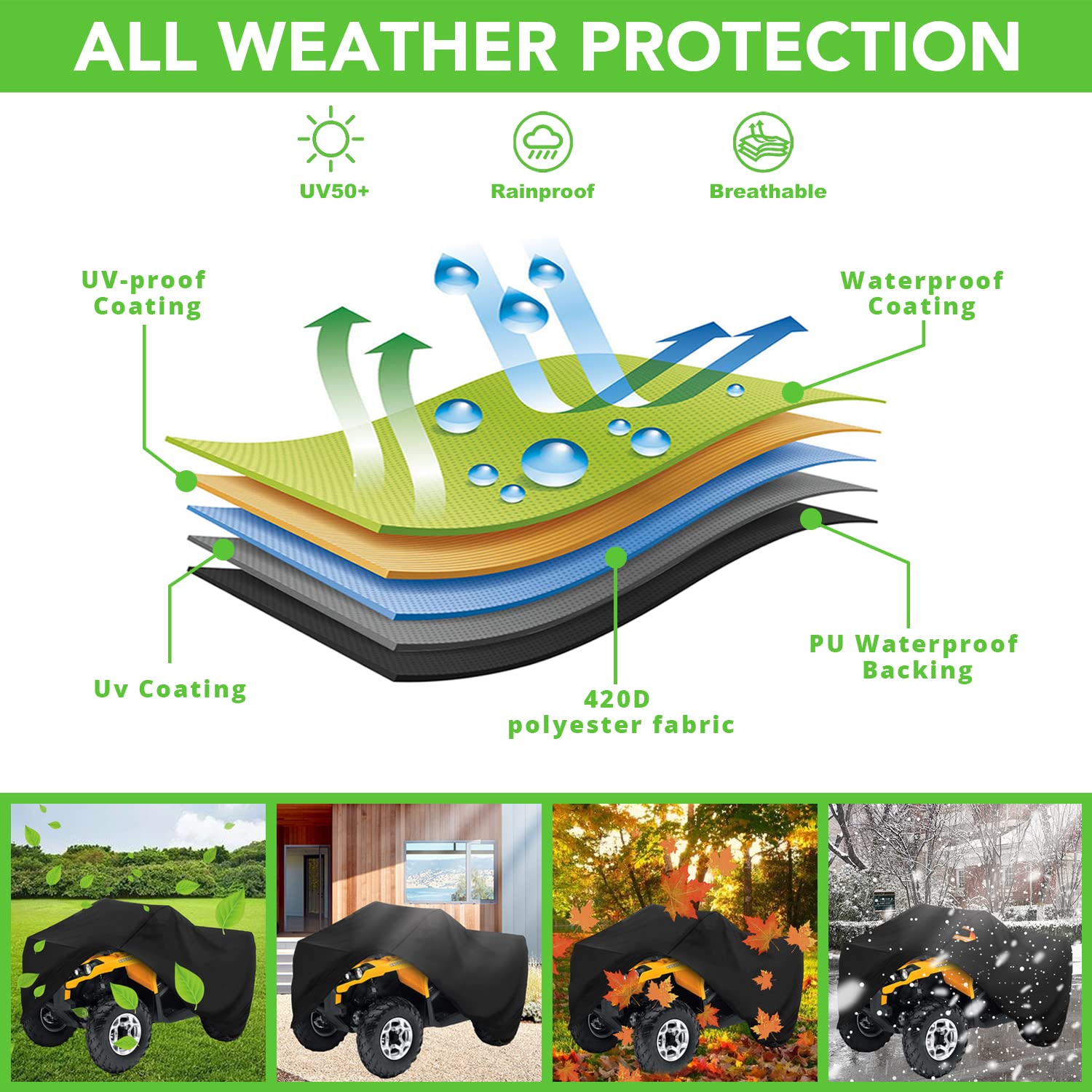 Xyzctem Waterproof Atv Cover, Heavy Duty Black Protects 4 Wheeler From Snow Rain Or Sun, Large Universal Size Fits 103 Inch For