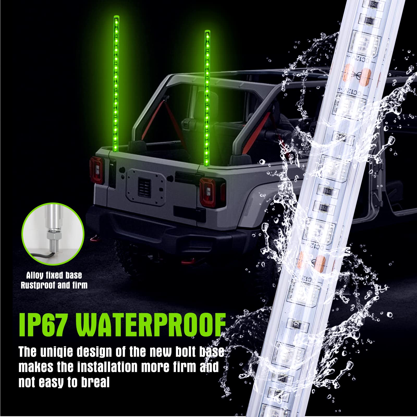 2PCS 1.2M Green LED Whip Light for Truck, BESTZHEYU 4FT ATV UTV LED Whip Light Antenna Whips for RZR Polaris Off-Road Sand Dune