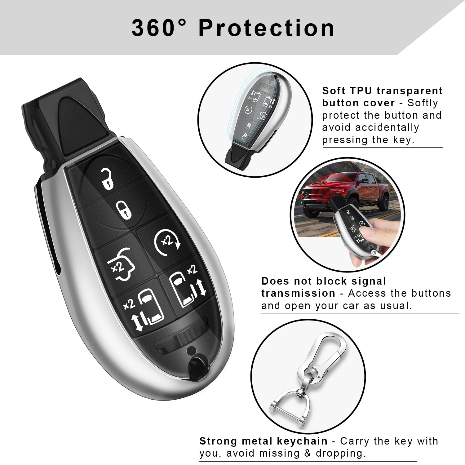 QBUC Dodge Key Fob Cover - TPU Case with Keychain, Universal Size, Silver - Compatible with 2008-2018 Dodge Ram, Jeep, Chrysler