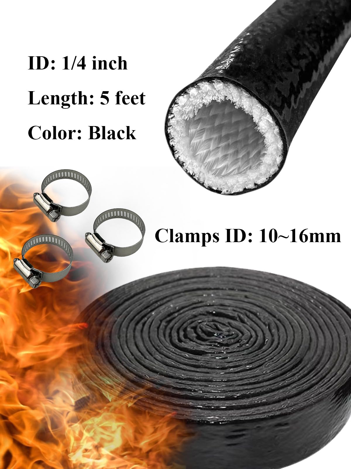 Yamakato 1/4'' Id Heat Shielded Fire Thermo Armor Fire Sleeve Silicone Coated Fiberglass Heat Protection W/ 3 Clamps For Automot