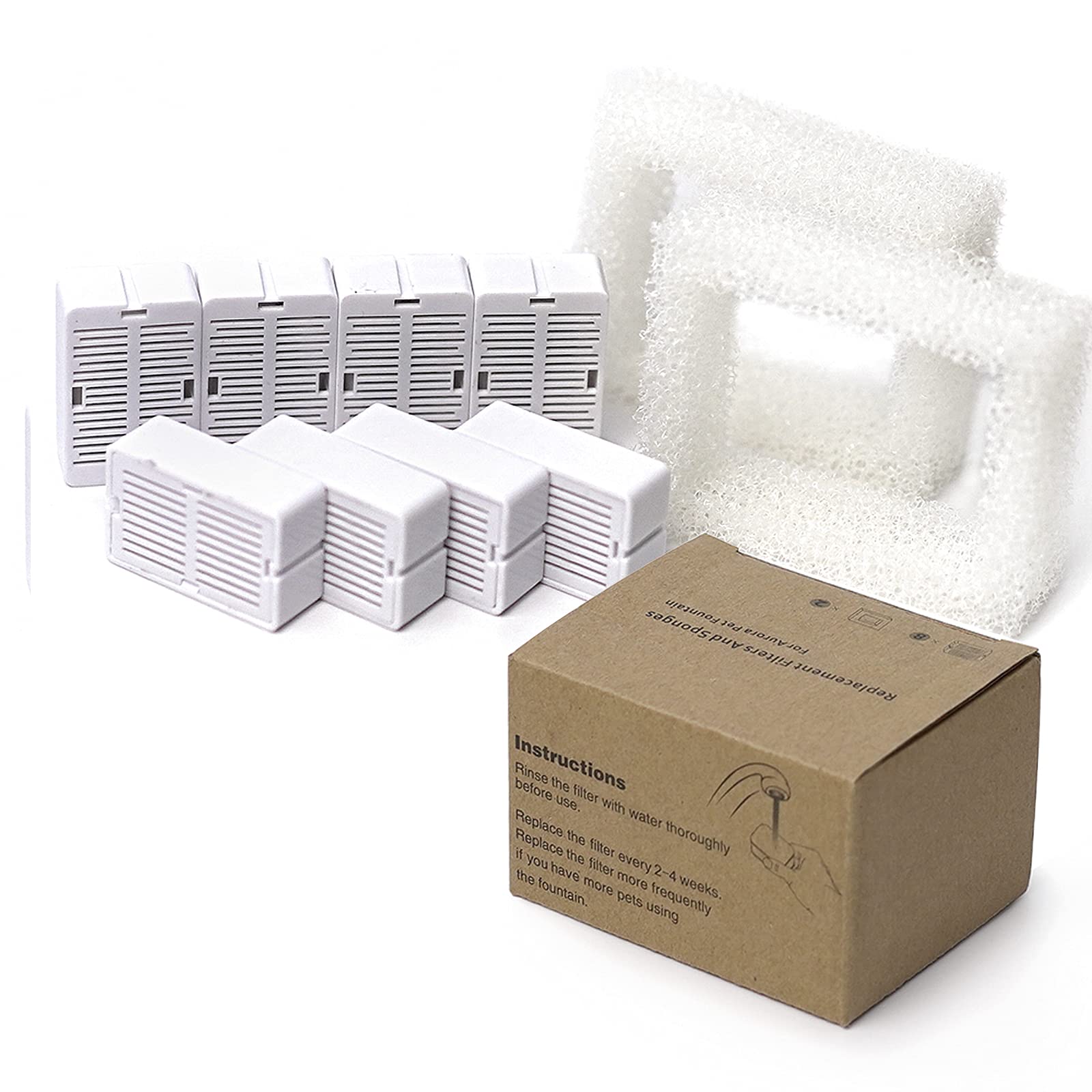 KANCHOU Cat Water Fountain Filters Set - 8 Carbon & 2 Foam Filters for Ceramic & Stainless Steel Fountains - 10 Piece Set