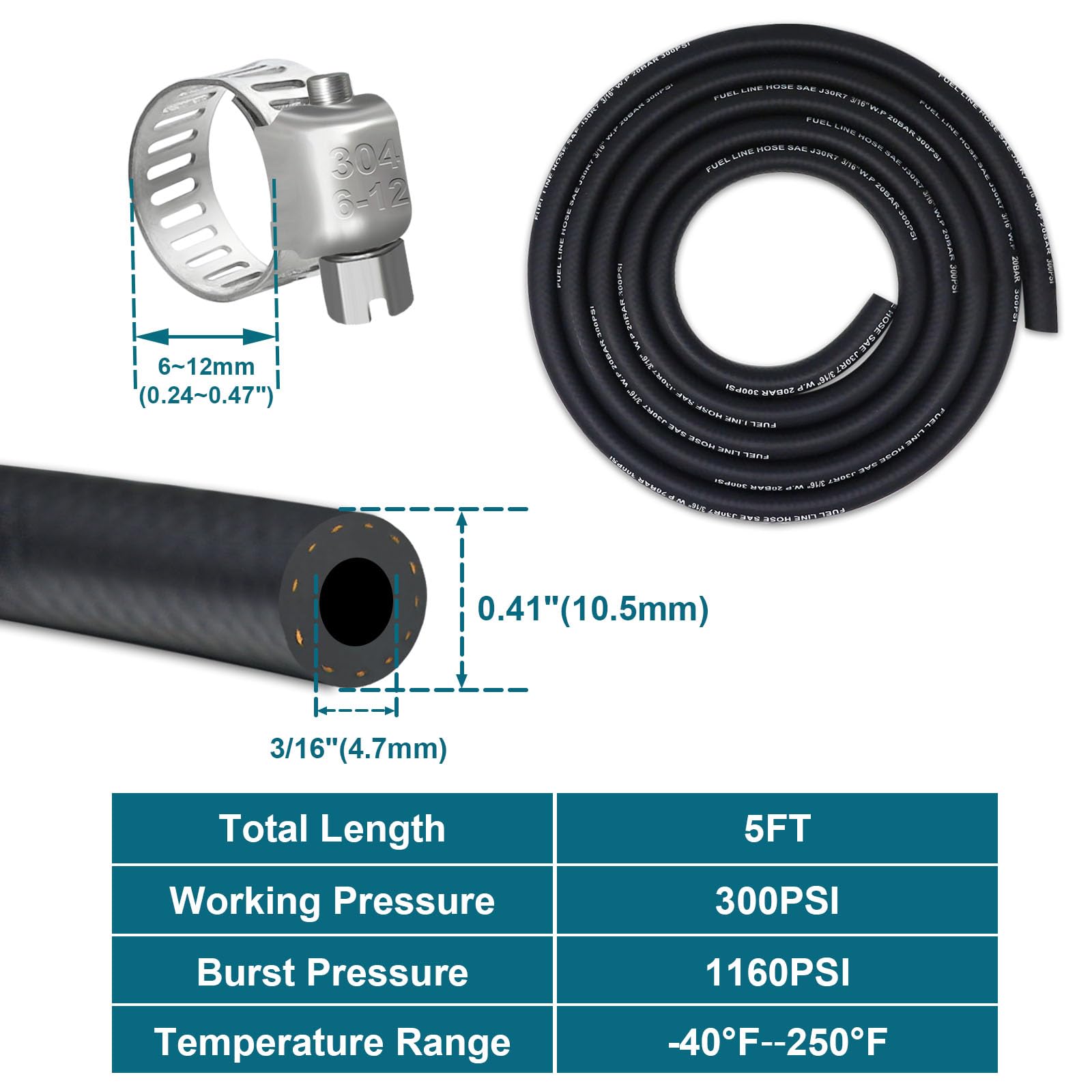 Vwtni 3/16 Fuel Line, Fuel Line Hose 5 Feet, Nbr Rubber Gasoline Tube With 5Pcs Stainless Steel Clamps, Fuel Line Kit.