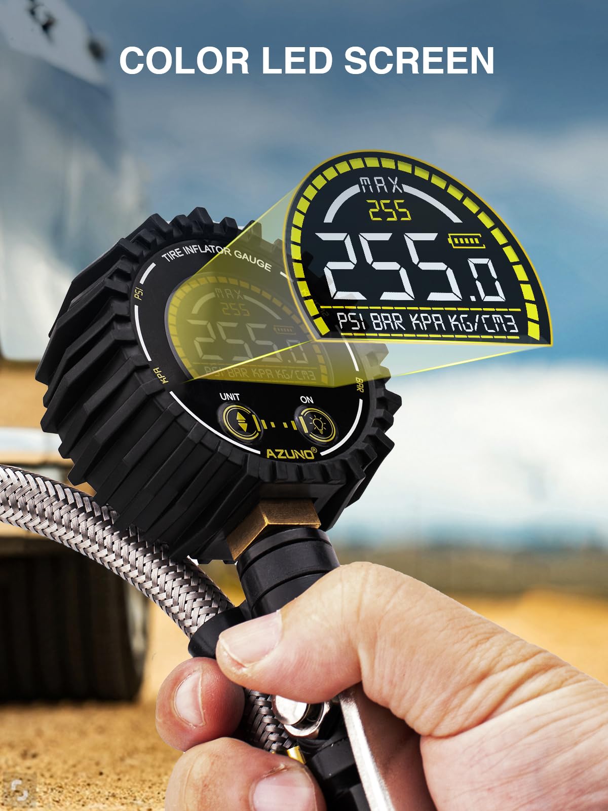 AZUNO Digital Tire Pressure Gauge 255PSI with Steel Braided Hose & Quick Connect Coupler for Trucks, Cars, SUVs, RVs, Bikes