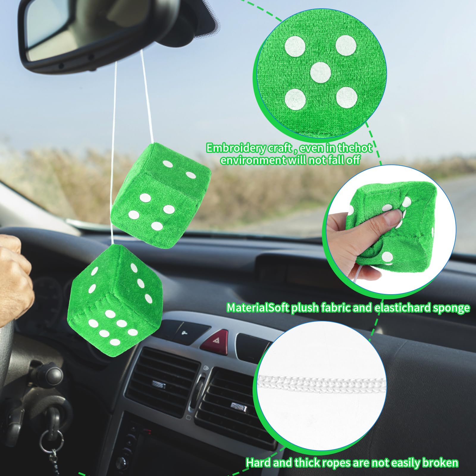 DIVINA VITAE Fuzzy Dice for Car Mirror, Green Plush 2.75" Retro Hanging Ornament, Model 547271_6_fSQai8TKJ