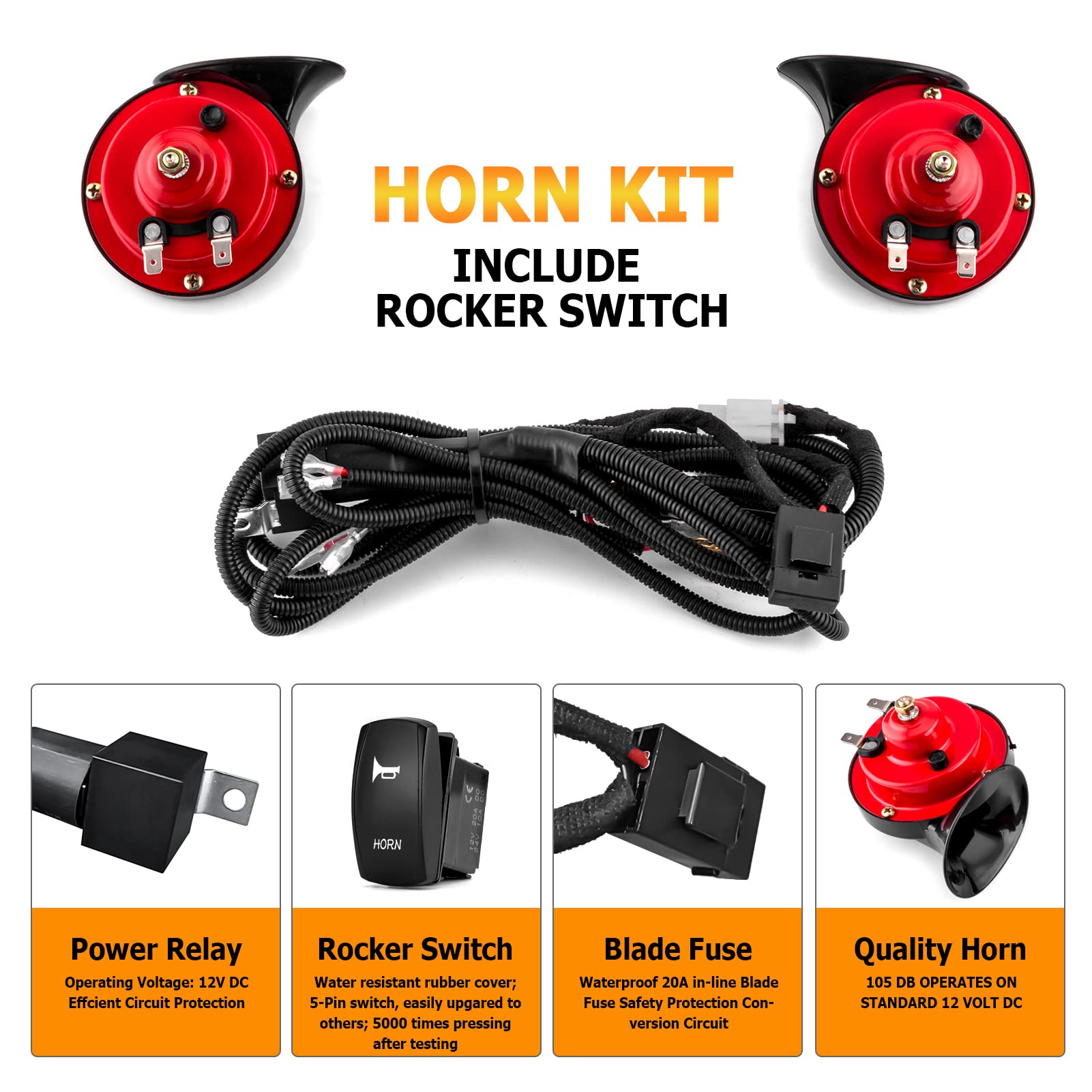 WeiSen 2 Pack UTV/ATV 12V Horn Kit with Rocker Switch Waterproof Compatible with Polaris RZR, Ranger, Can Am Maverick X3, Honda