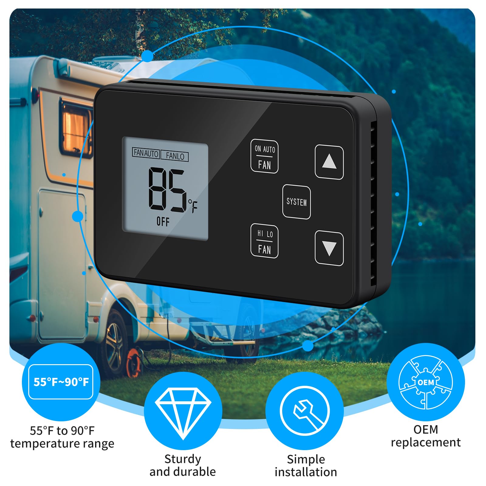 Briidea RV Thermostat MK-101 for Coleman 7330 Series, Digital LCD, 55℉-90℉, 12V DC, Ideal for Heat Pumps and Air Conditioners