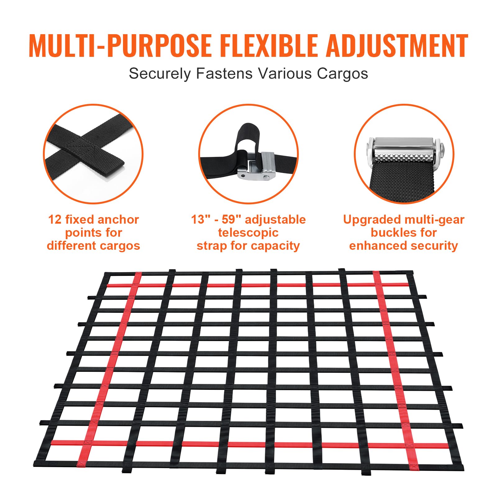 VEVOR Cargo Net, 96 in x 72 in, Heavy Duty Truck Cargo Net for Truck Bed, 4 Adjustable Straps with Buckles and S-Hooks, Wear-Res