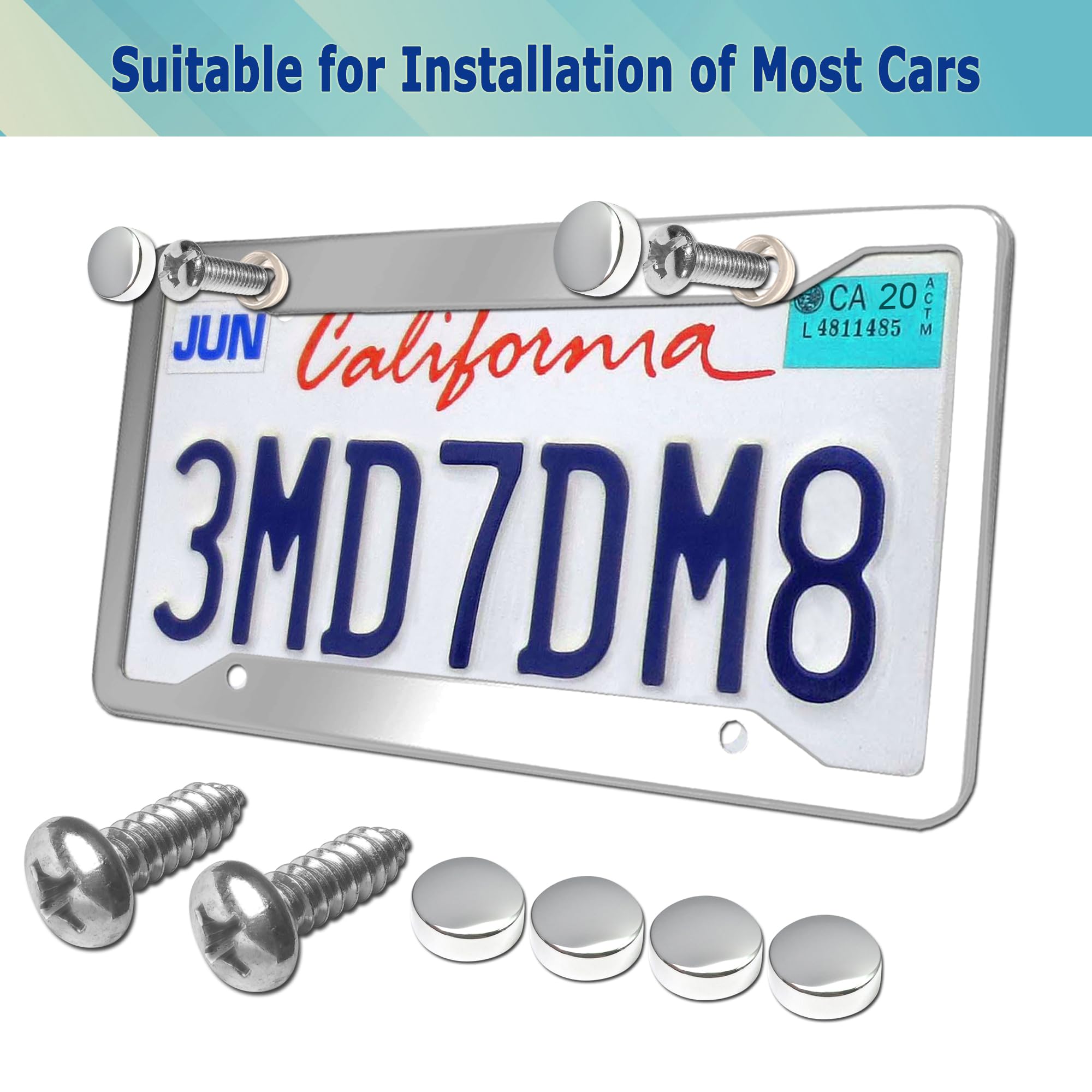 YoUoY Stainless Steel License Plate Frame - 2 Pack, Chrome Caps, Heavy Duty, Rustproof Car Tag Cover