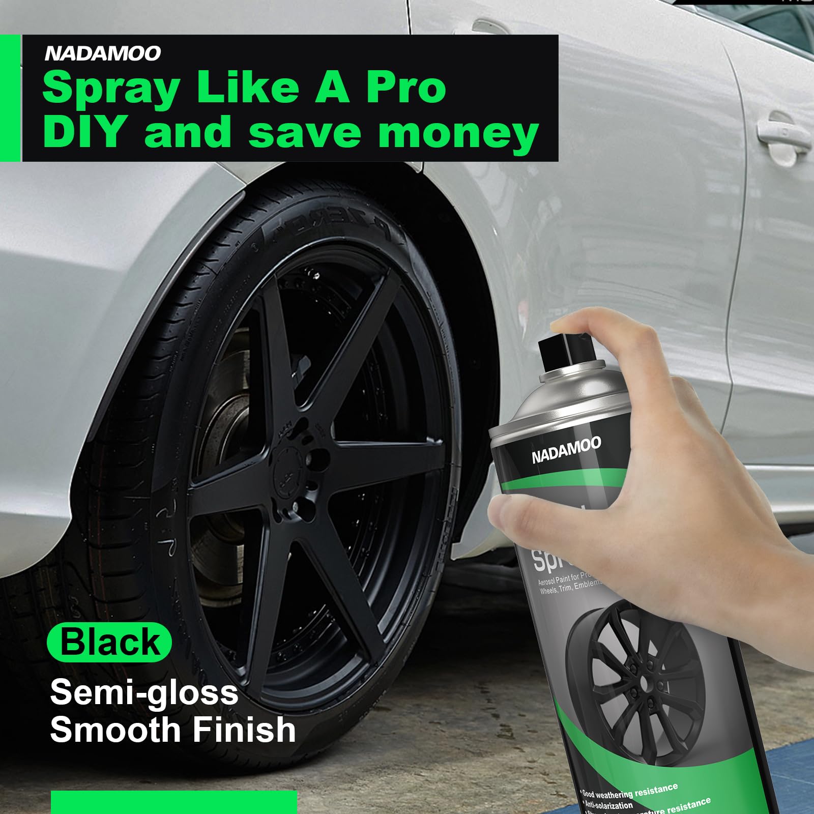 NADAMOO Aluminum Wheel Spray Paint - Semi-gloss Black, 13 Oz Aerosol for Car Rims and Metal Surfaces