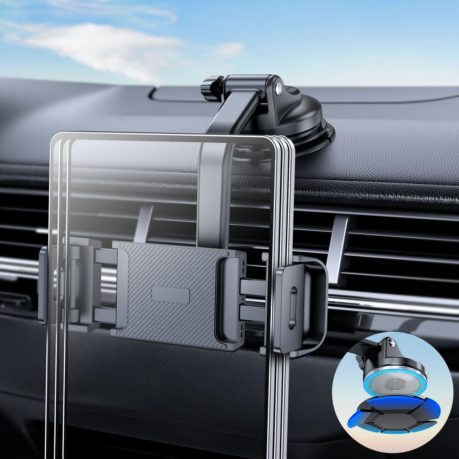 eSamcore Tablet Holder for Car Dashboard, Windshield Mount Holder for iPad & Foldable Phone Stand with Stable 360 Adjustable Cla