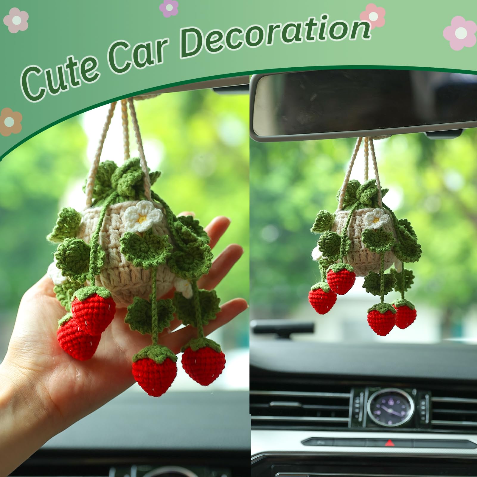 Sgibyn Crochet Hanging Plant For Car,Car Decorations Interior,Plant Strawberry Aesthetic Car Accessories For Women Interior Cute