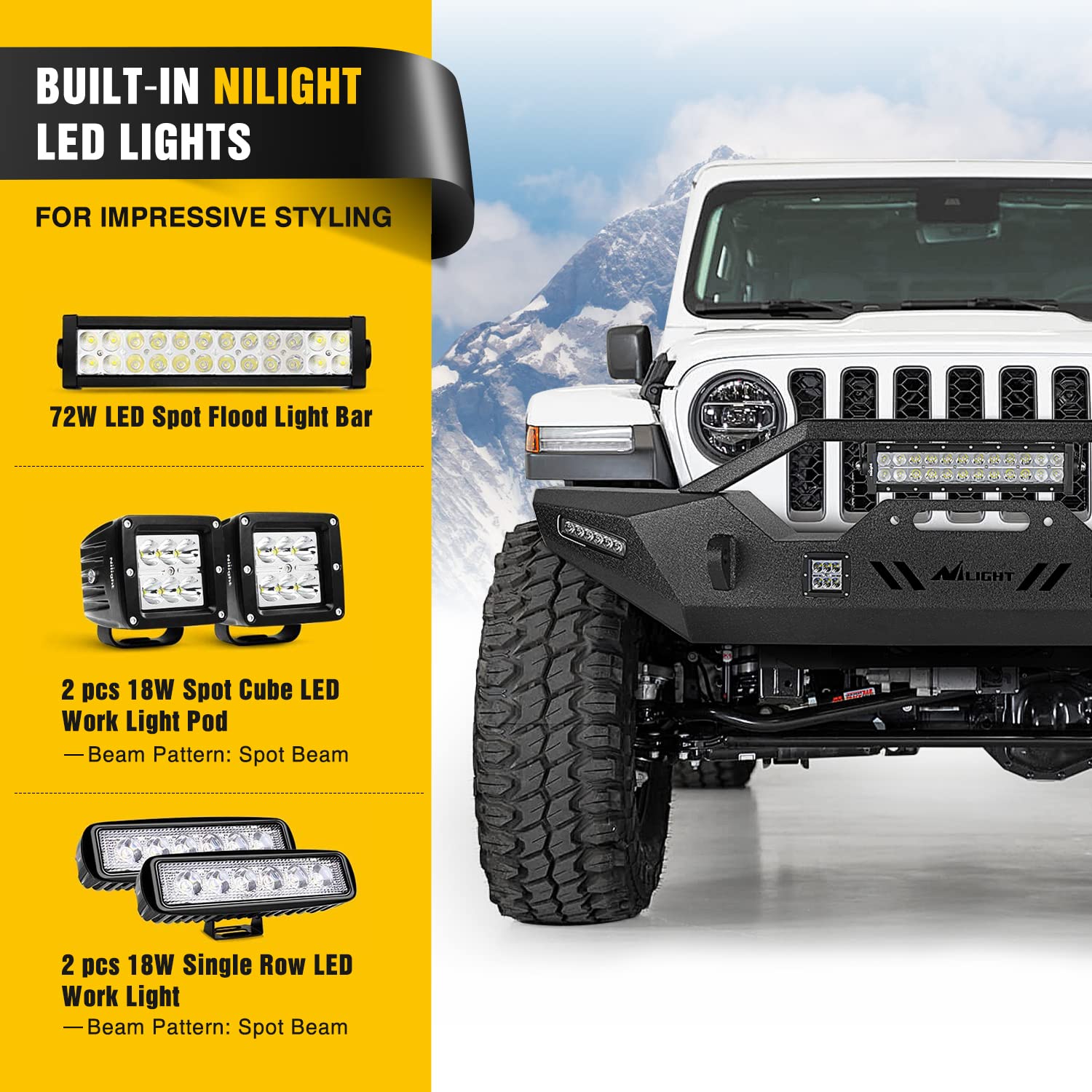 Nilight Front Bumper for 2007-2025 Wrangler JK/JL/JT, Alloy Steel, 72W LED Bar, 2x18W Pods, Winch Plate, Color: