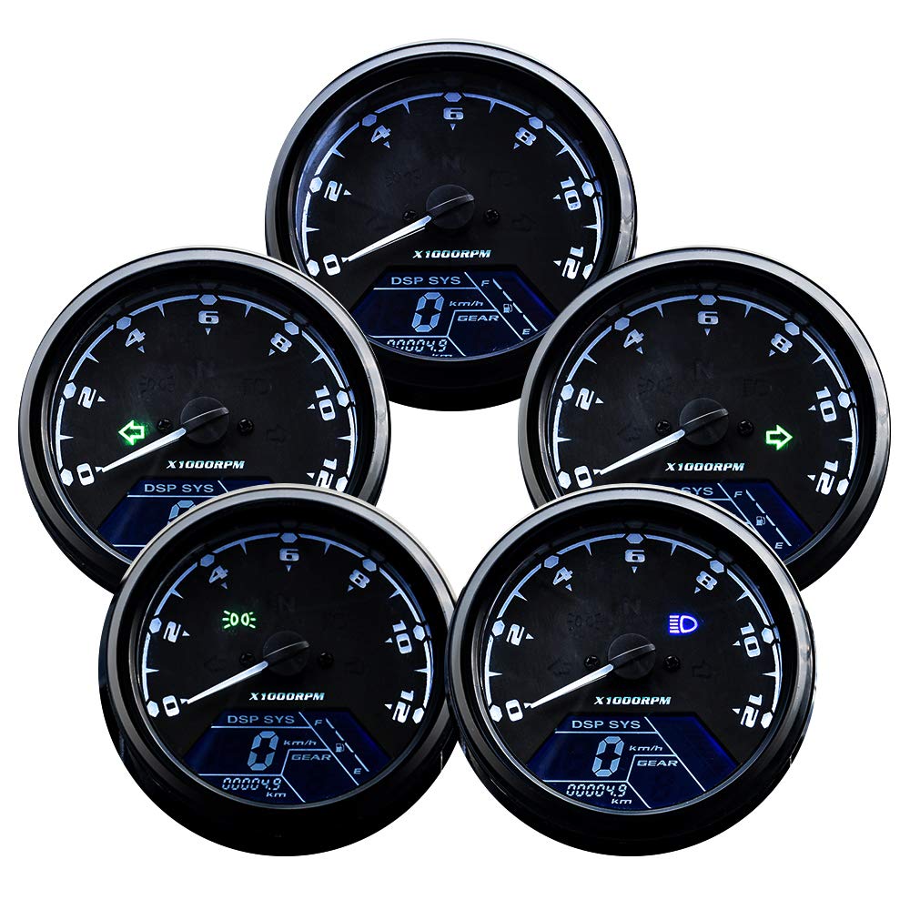 DKMOTORK 0011 Digital Gauge Motorcycle Speedometer/Tachometer/Odometer MPH KM/H Universal with Multi-Function Indicator Light Di