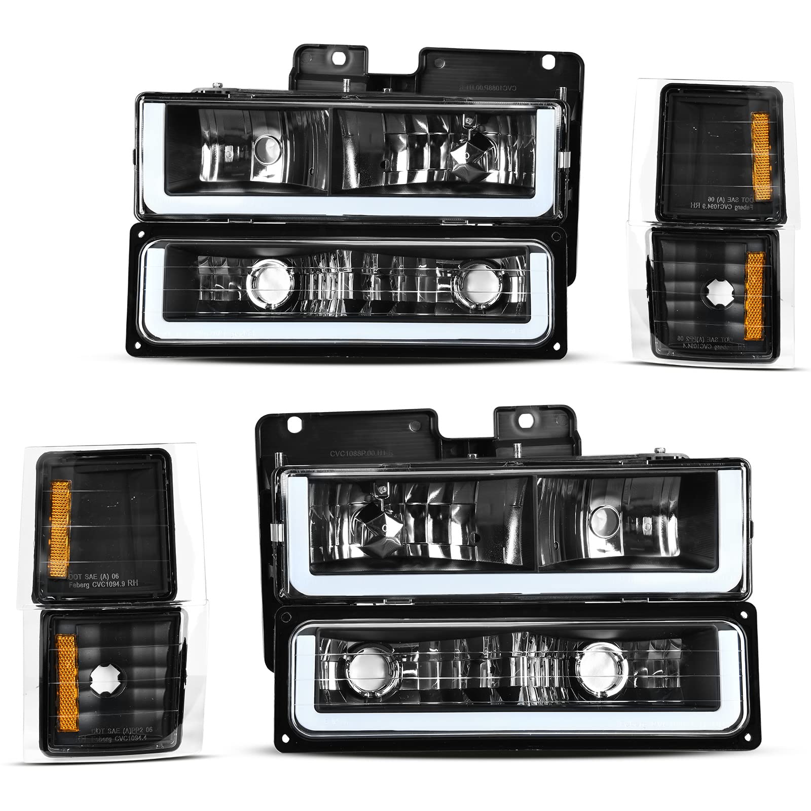 DWVO LED Headlights Assembly for 1994-1999 Chevy Silverado Tahoe Suburban, Black Housing with Corner Lights, Model D-CTLAHL-2010+2044+1120