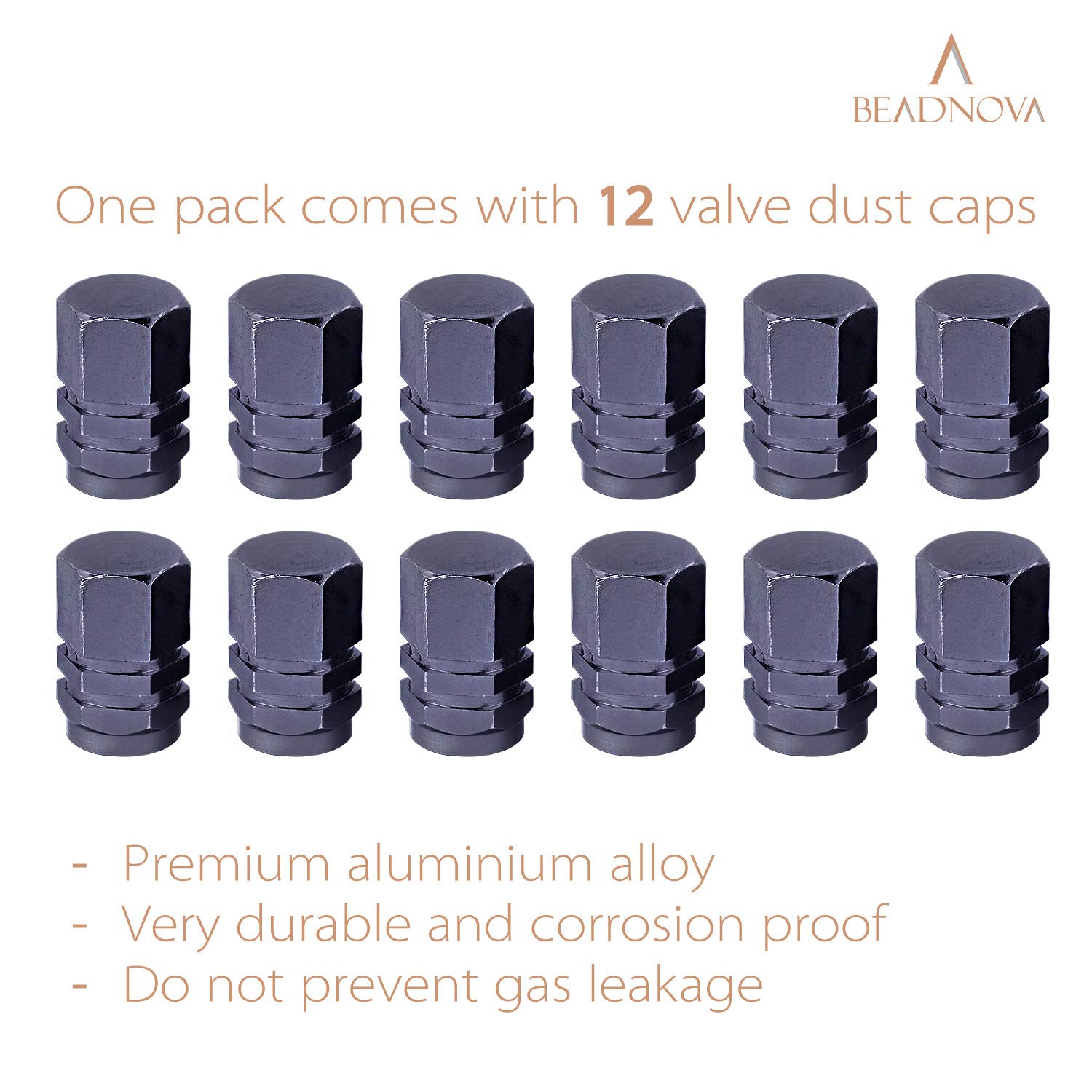 Beadnova Valve Stem Caps Aluminum Chrome Caps For Tires Valve Caps (12Pcs Pack,Gun Gray)