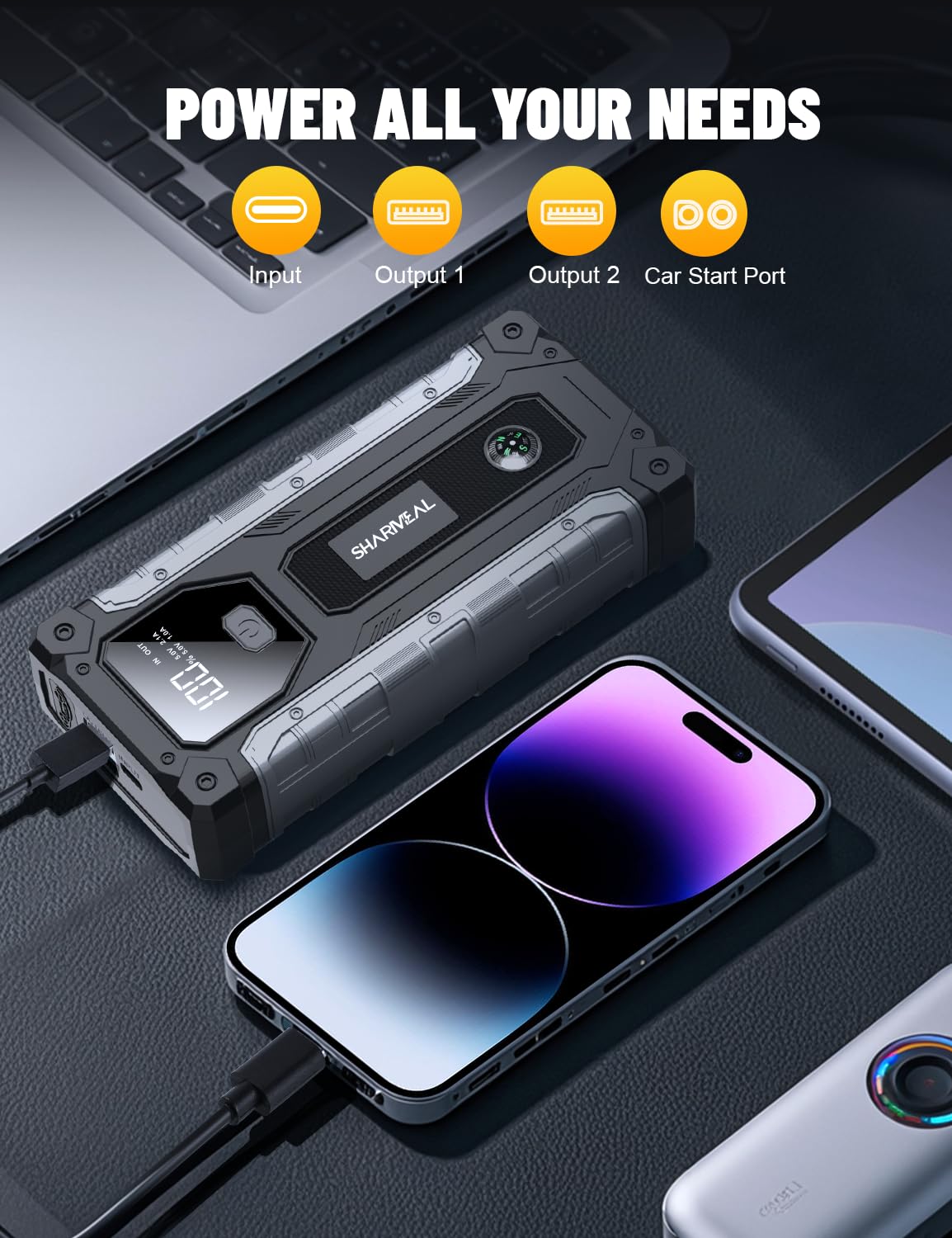 Sharmeal 6000A Car Battery Jump Starter, Portable 12V Jump Box with LED Light, Includes Charging Cable and Charger Block