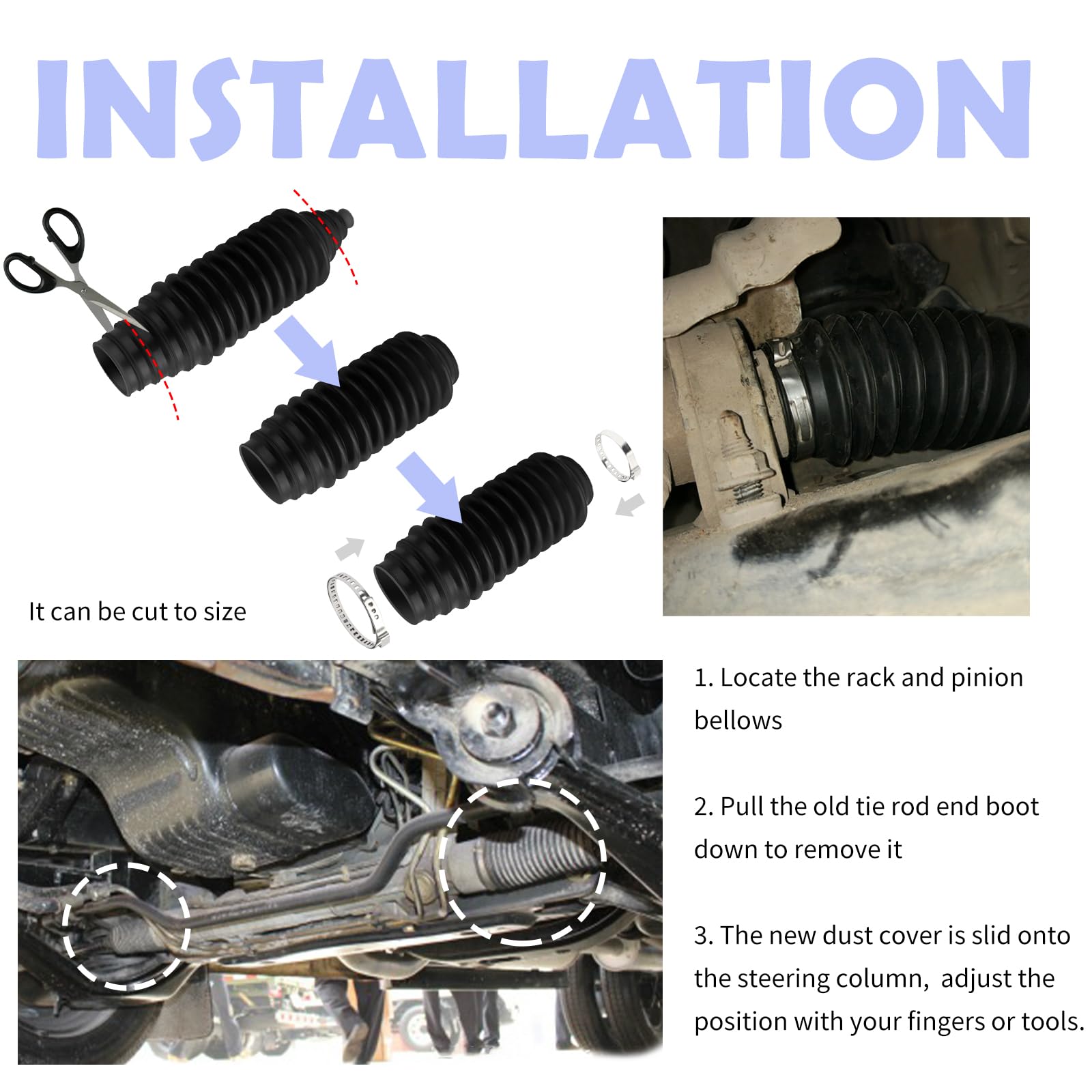 KIFIDAN Tie Rod Boot Kit - Waterproof Silicone Inner Boot, 8.46x2.4x2.4 inch, Black, with Pinion Bellow, Cable Ties & Cl