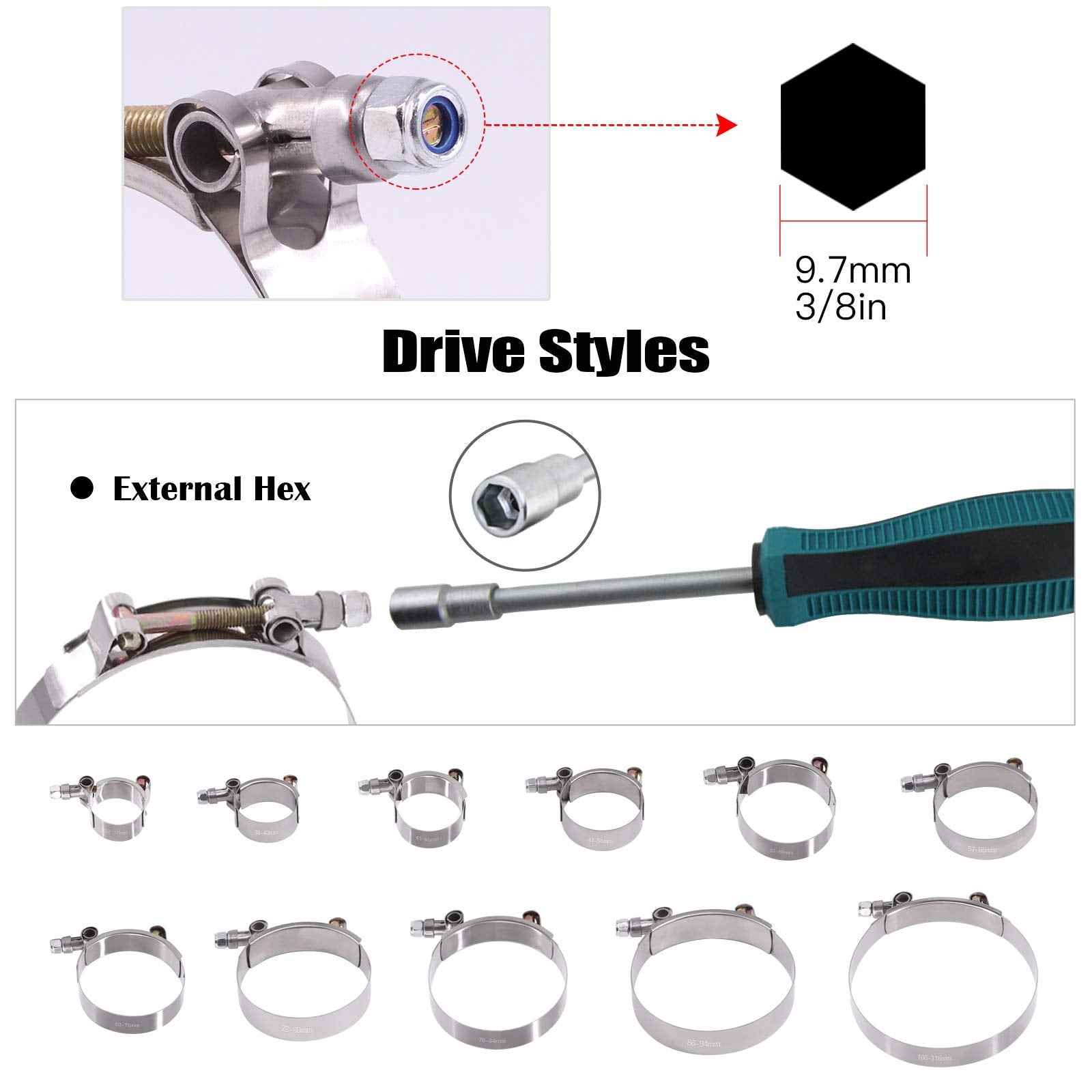 Glarks 8Pcs 32-37Mm Stainless Steel T-Bolt Hose Clamps Turbo Intake Soft Hose Intercooler Clamps