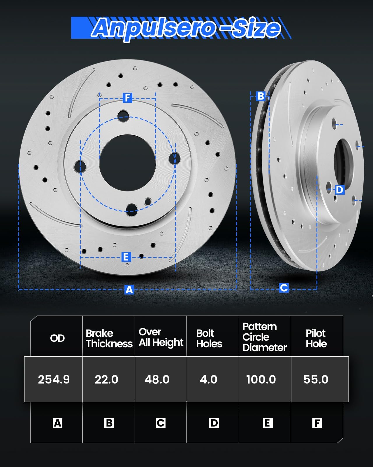 Anpulsero Front Automotive Replacement Brake Kit, Drilled and Slotted Brake Rotors Brake Pads Compatible with 1998-2002 Toyota C