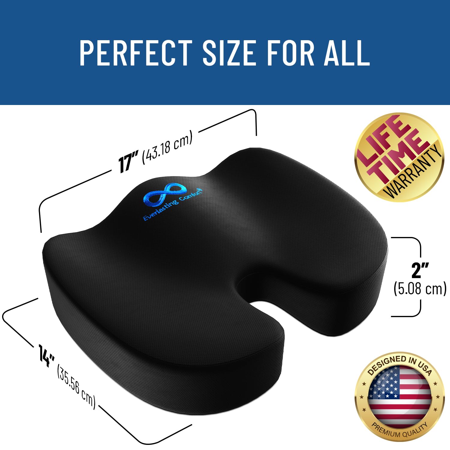 Everlasting Comfort Luxe Gel Infused Seat Cushion - Large Black Memory Foam for Tailbone Pain Relief