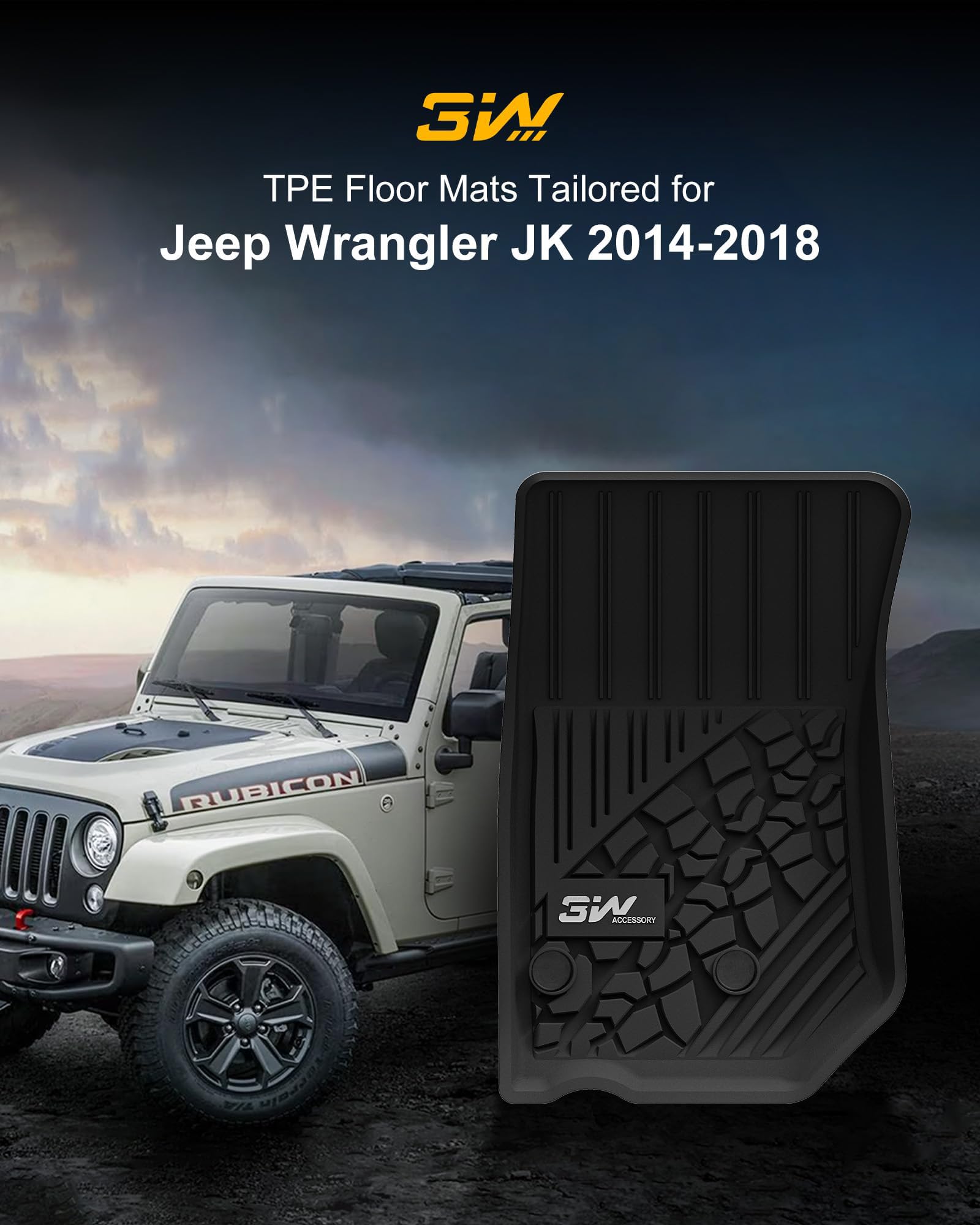 3W Floor Mats Fit for Jeep Wrangler JK 2013-2018 Unlimited 4 Door Only (Non JL or 4XE) TPE All Weather Custom Fit Floor Liner fo