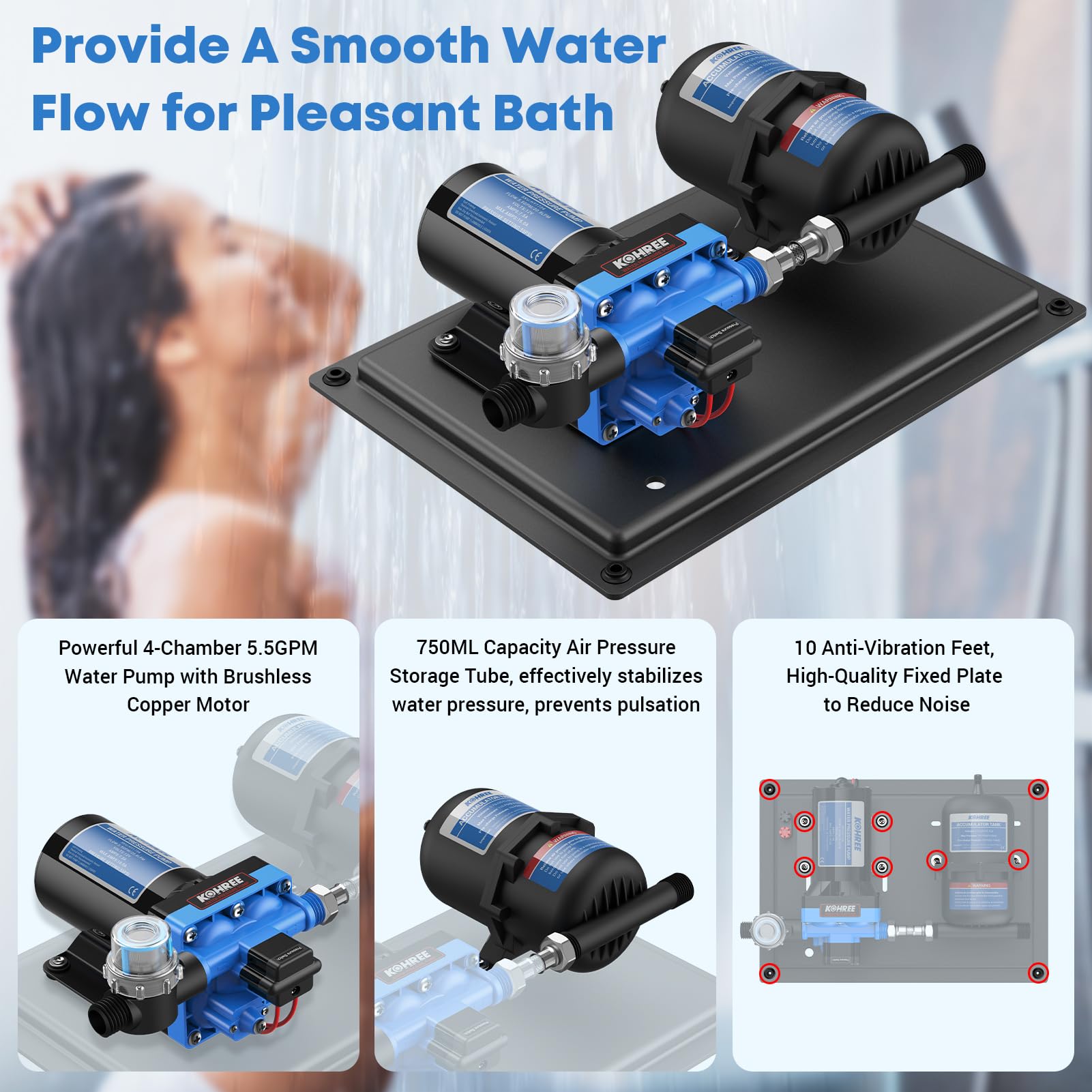 Kohree RV Water Pump System - 12V DC, 5.5GPM, 55PSI with Accumulator Tank, Quiet for RV Camping, Boat, Kitchen, Bathroom