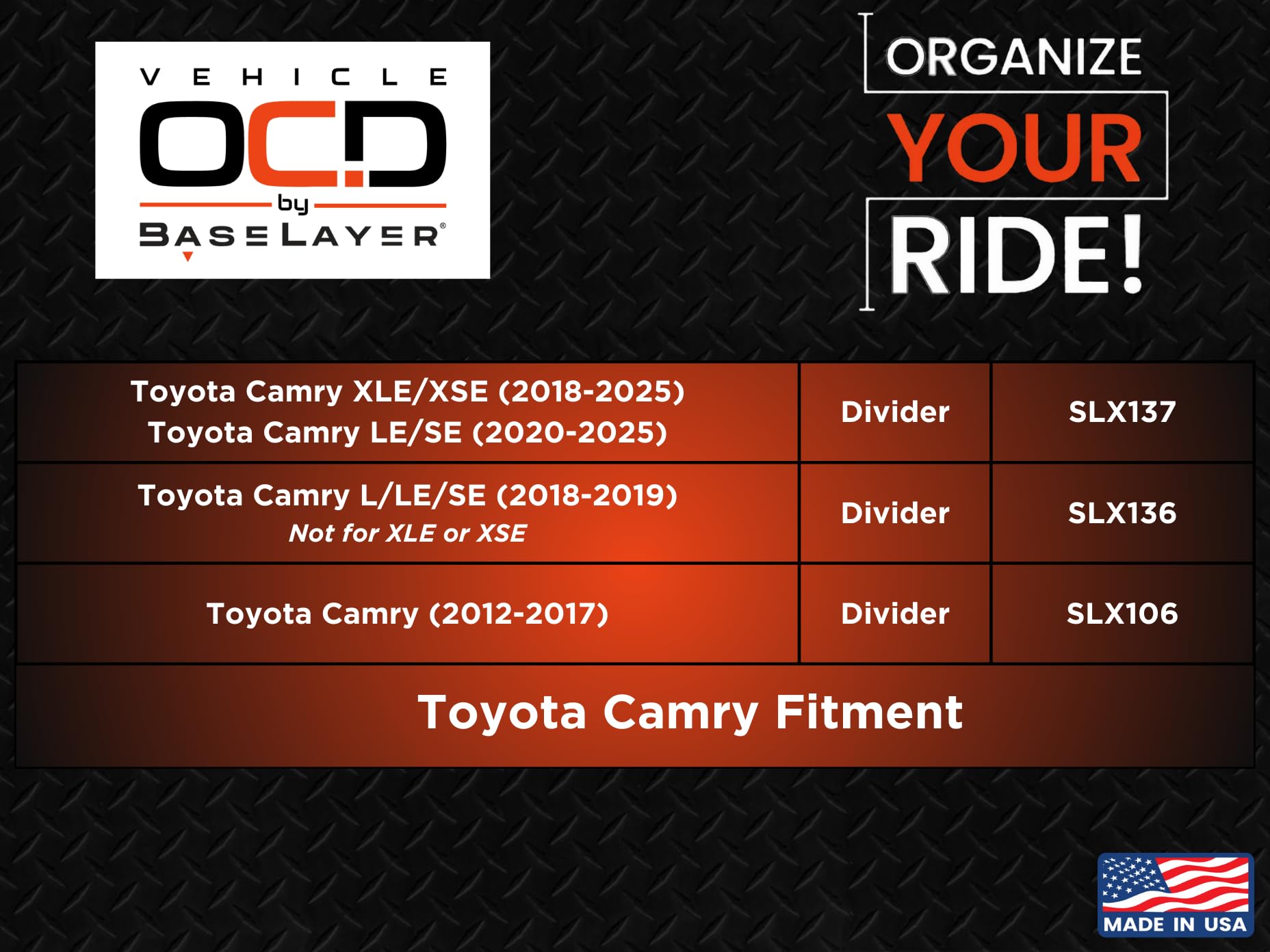 Vehicle Ocd - Center Console Organizer For Toyota Camry L/Le/Se (2018-2019) (Not For Xle Or Xse) - Made In Usa - Slx136