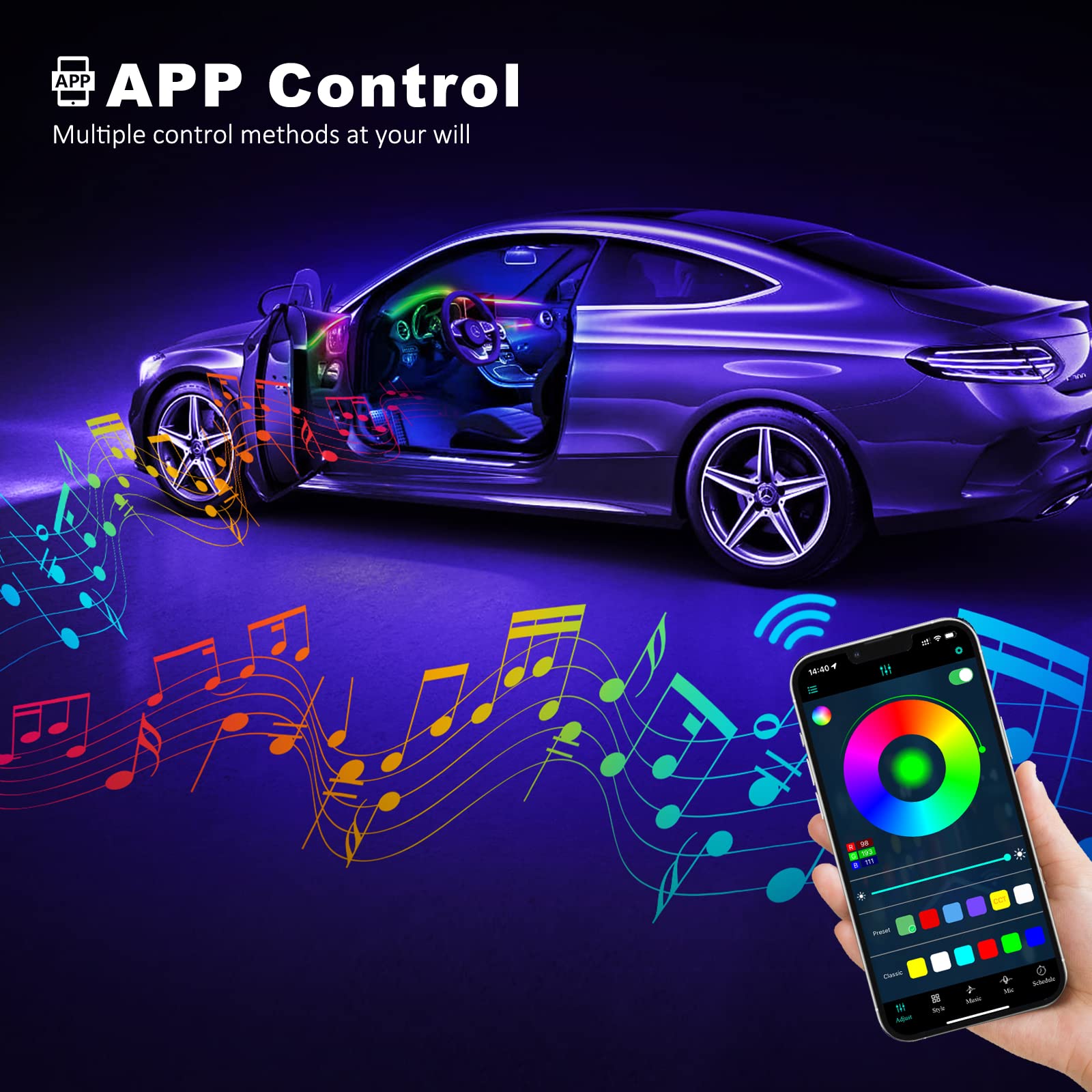 Acrylic Interior Car Led Strip Light With Wireless App, Rgb Dreamcolor 5 In 1 Ambient Lighting Kits, 16 Million Colors Sound Act