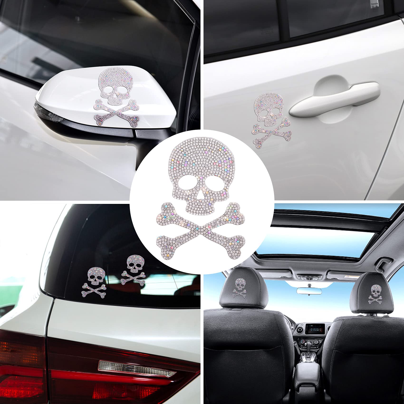 OIIKI Skull and Bone Bling Car Decals - Rhinestone Stickers for Car, Motorcycle, Helmet, Tumbler, Luggage - Model OK2917 - Crystal Decor
