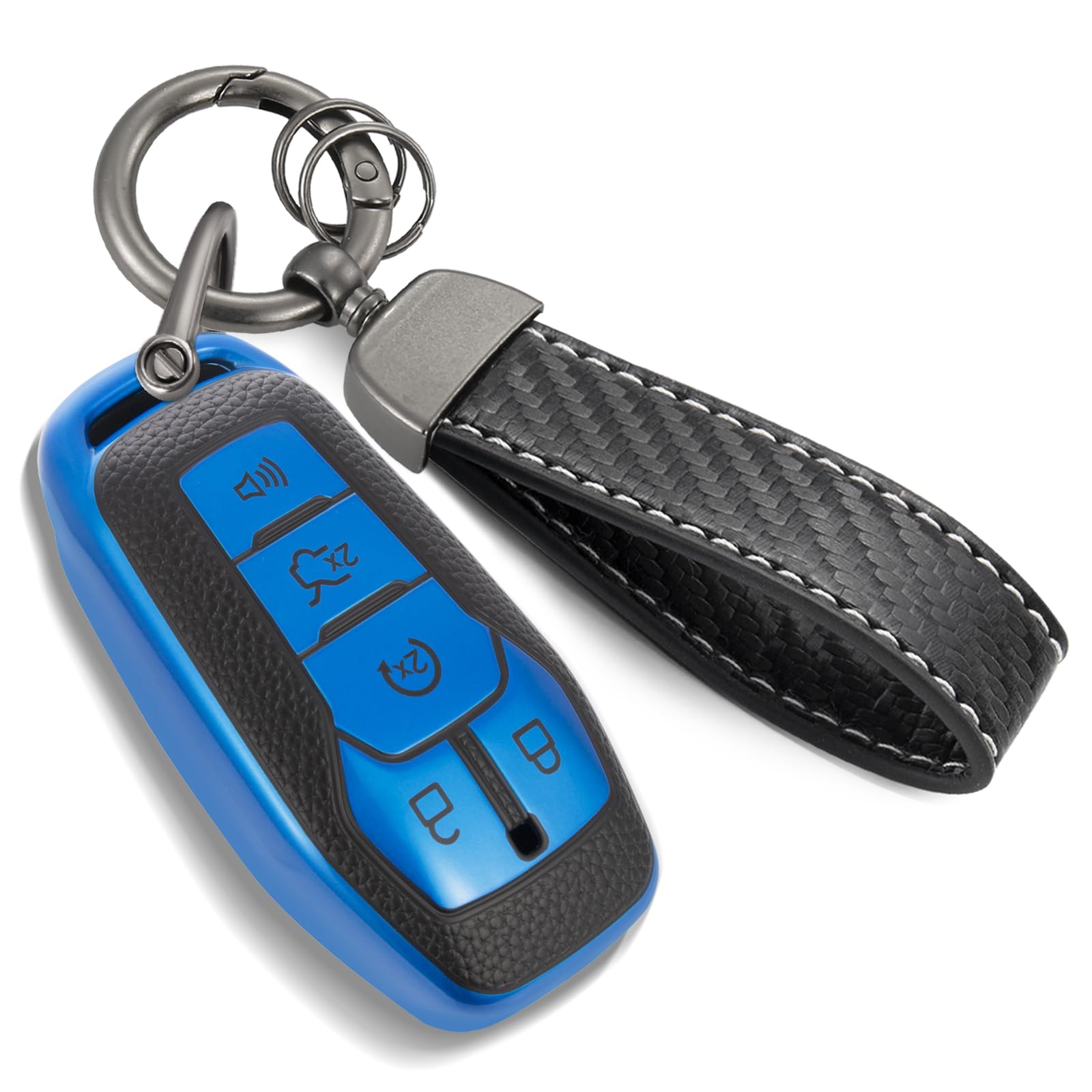 Ctrinews For Ford Key Fob Cover With Carbon Fiber Style Belt Keychain, Upgraded Tpu Surface Grain Case For Fusion Mustang F150-3