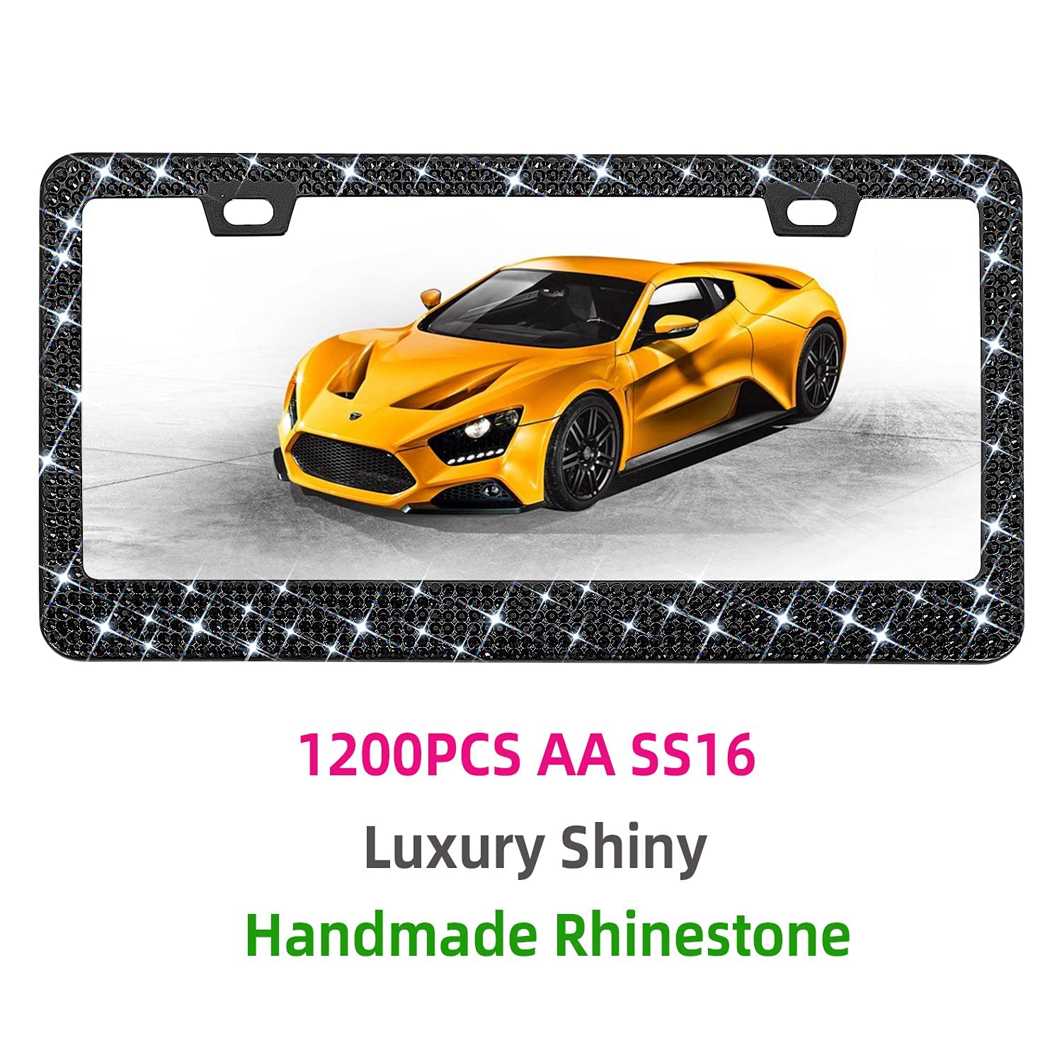 Bling Rhinestone License Plate Frame For Women 2Pc, Sparkly Stainless Steel Frames & Over 1200 Pcs Finest 14 Facets Black Glass