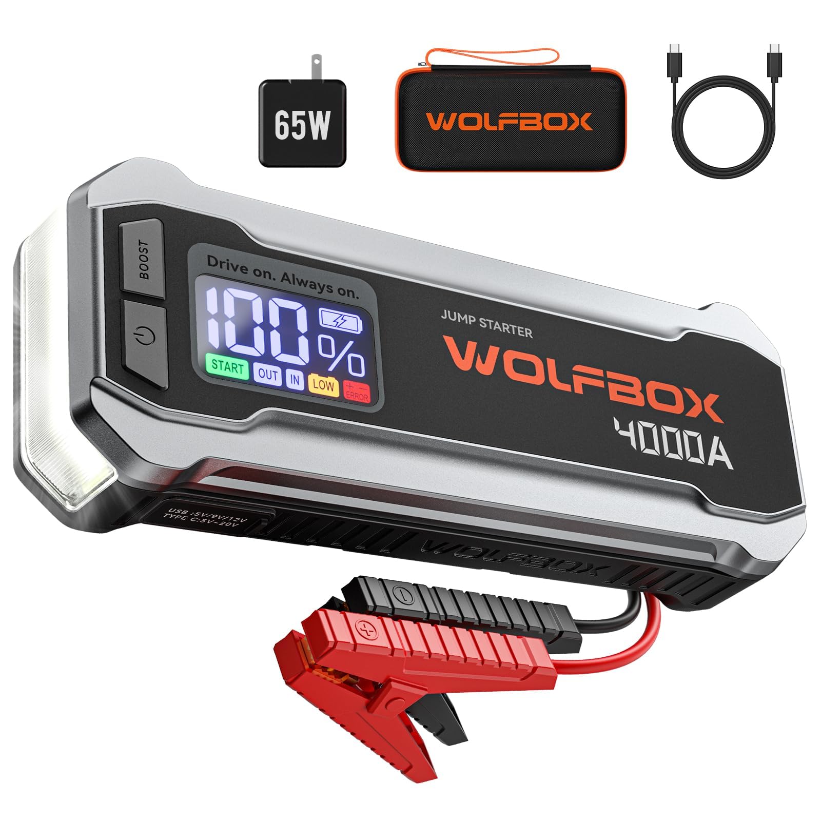 WOLFBOX 4000A Jump Starter - 24000mAh Portable Battery Pack for 10L Gas/Diesel Engines, Quick Charger, LED Display, Model MegaVolt-24