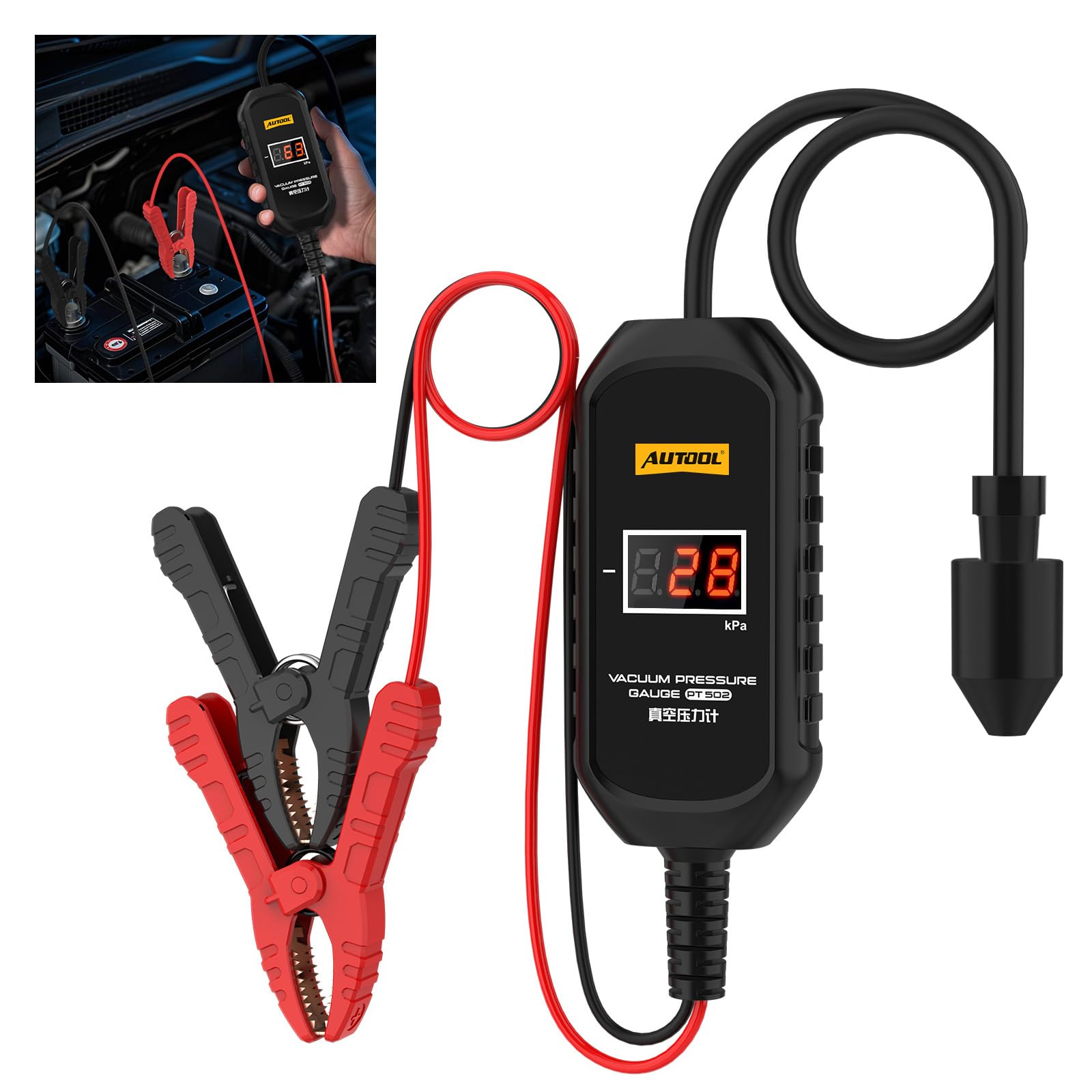 AUTOOL PT502 Digital Vacuum Pressure Gauge, Automotive Vacuum Leak Tester with Temperature Compensation, 101kPa High Accuracy En