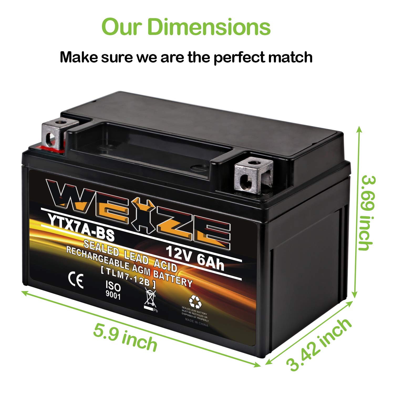 WEIZE YTX7A-BS Sealed AGM Motorcycle Battery - Maintenance Free, 5.90 x 3.43 x 3.74 inches, Compatible with 50CC 125CC