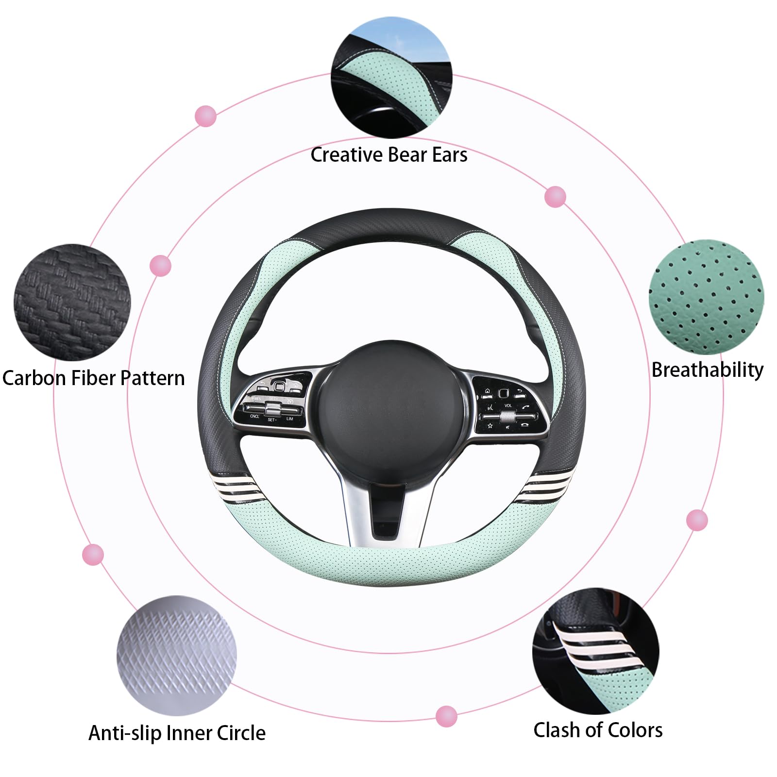 Binsheo Cute Steering Wheel Cover D Shape For Girls Women Universal 15 Inch,Black And Green