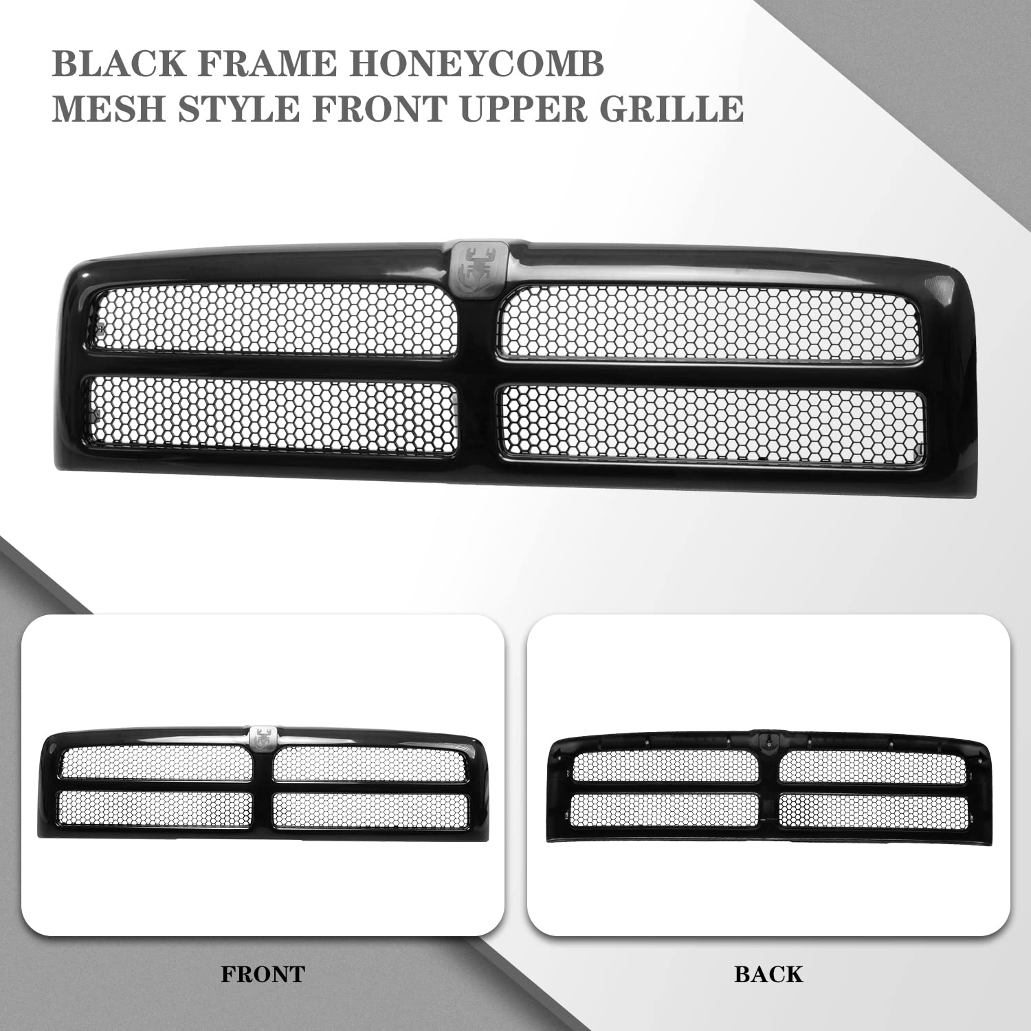 CarPartsDepot Front Upper Grille Grill for 1994-2002 Dodge Ram 1500/2500/3500, Honeycomb Mesh, Black, Model CH1200188