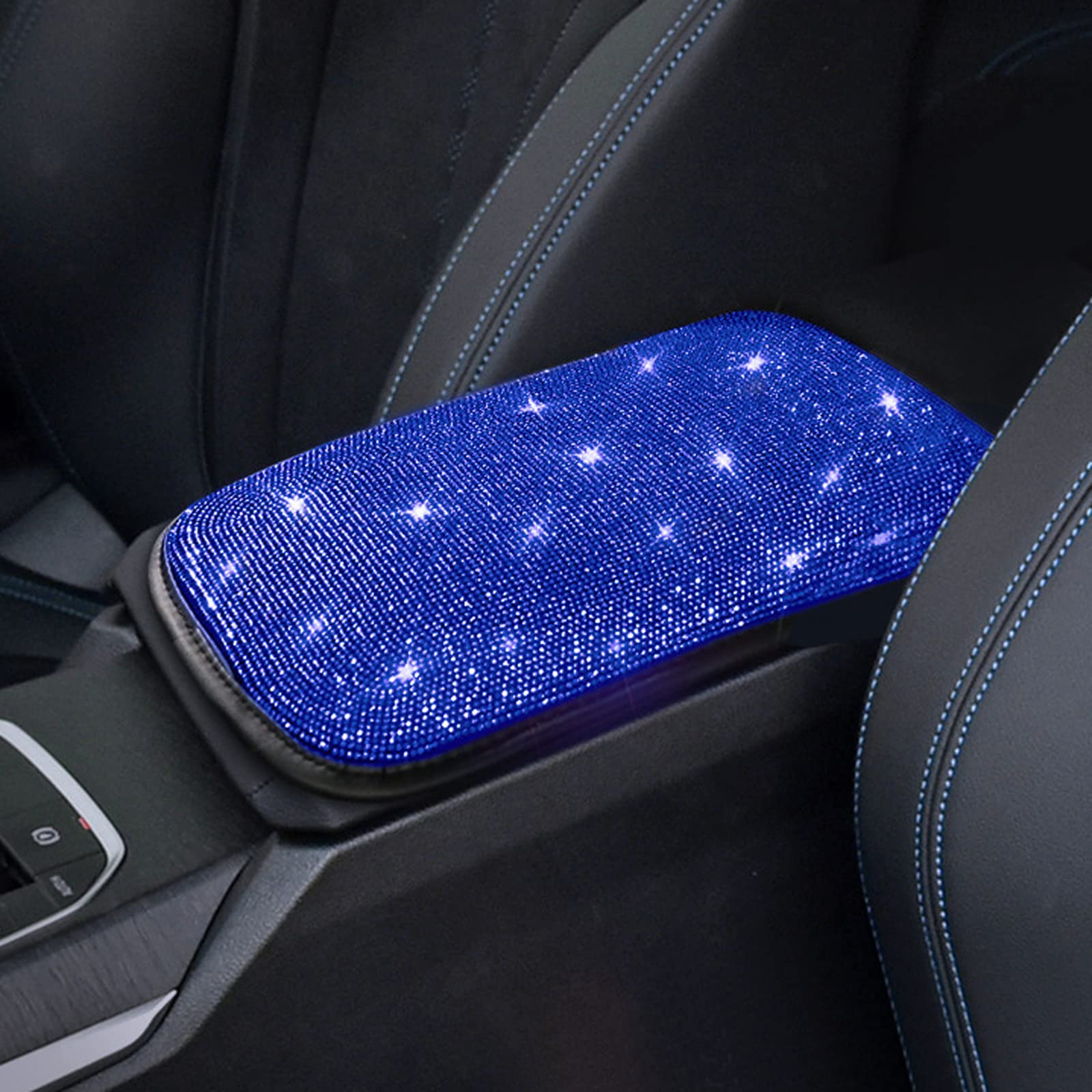 Funojoy Car Armrest Cover For Women Blue Diamond Rhinestone Bling Car Accessories Interior Car Decor For Women