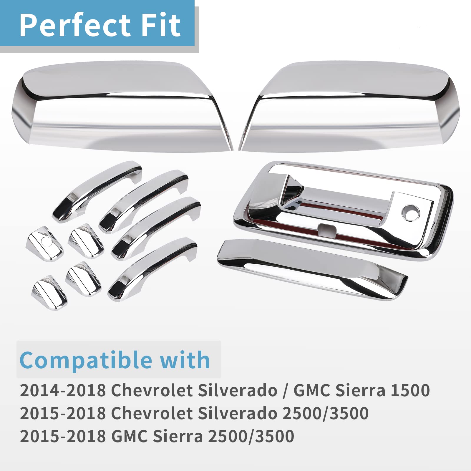 Chrome Door Handles+Top Half Mirror Covers+Tailgate Cover (with Camera Hole) Compatible with Chevrolet Silverado GMC Sierra 1500