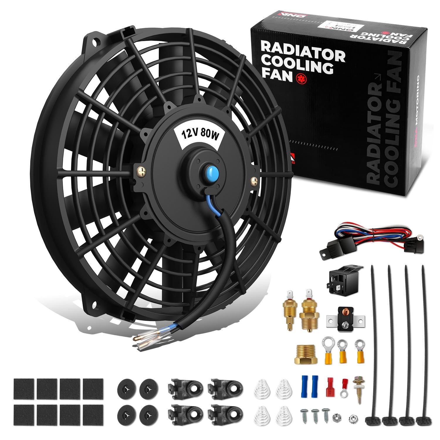 Dna Motoring 7Inch Electric Radiator Cooling Fan Thermostat Wiring Switch Relay Kit, Universal High Performance Slim Fan Push Pu